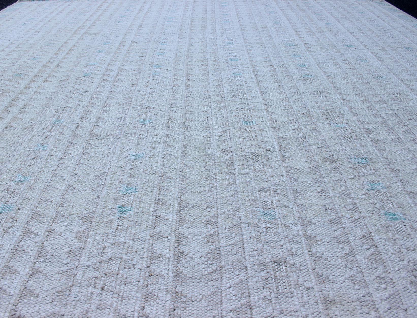 Modern Swedish Design Rug with All-Over Design in White, Taupe & Light Blue For Sale 2
