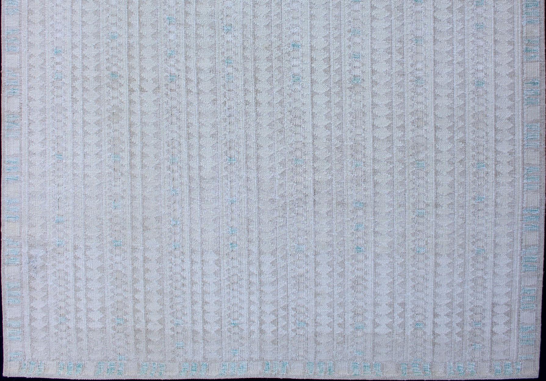 Indian Modern Swedish Design Rug with All-Over Design in White, Taupe & Light Blue For Sale