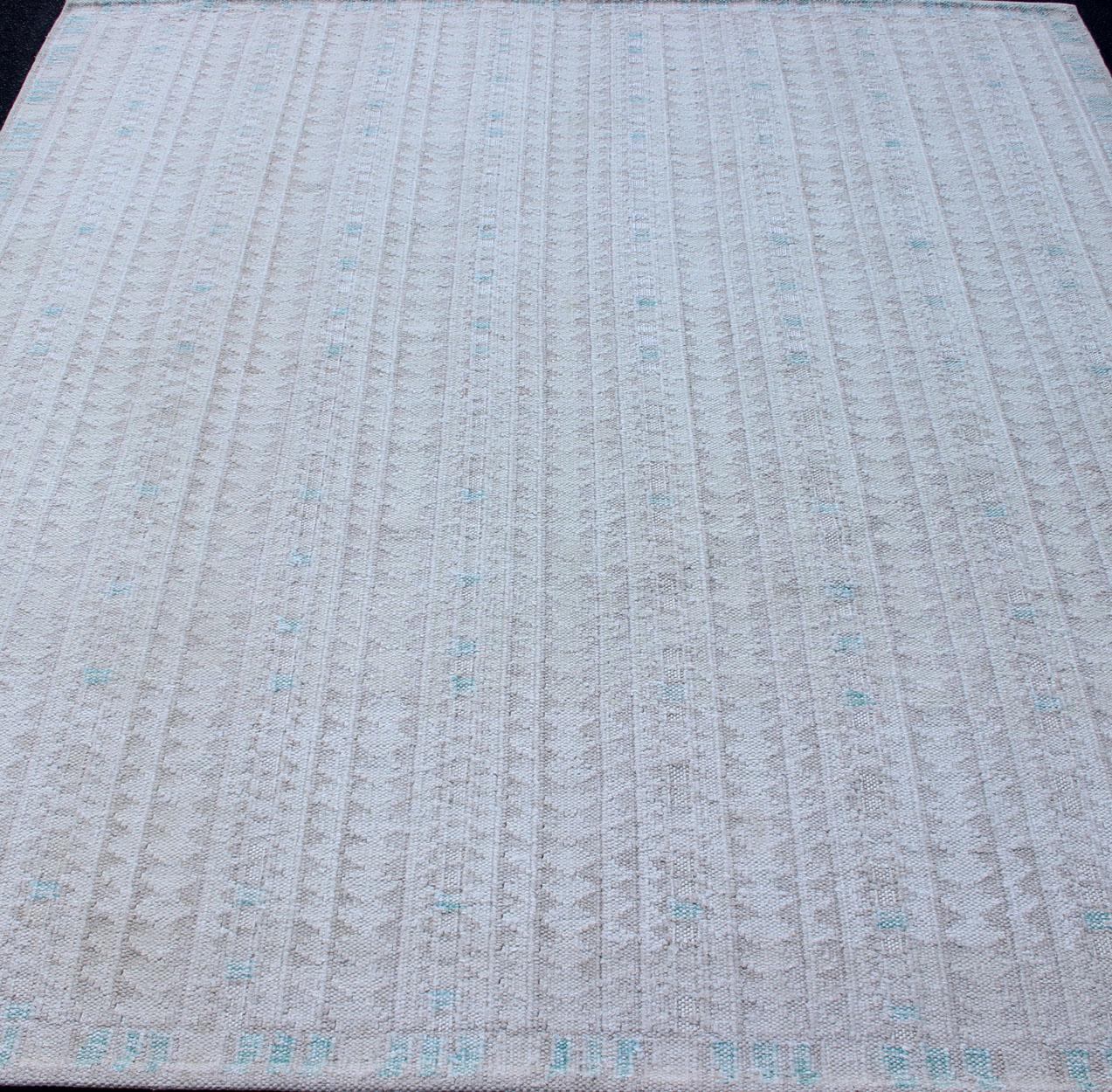 Modern Swedish Design Rug with All-Over Design in White, Taupe & Light Blue For Sale 1