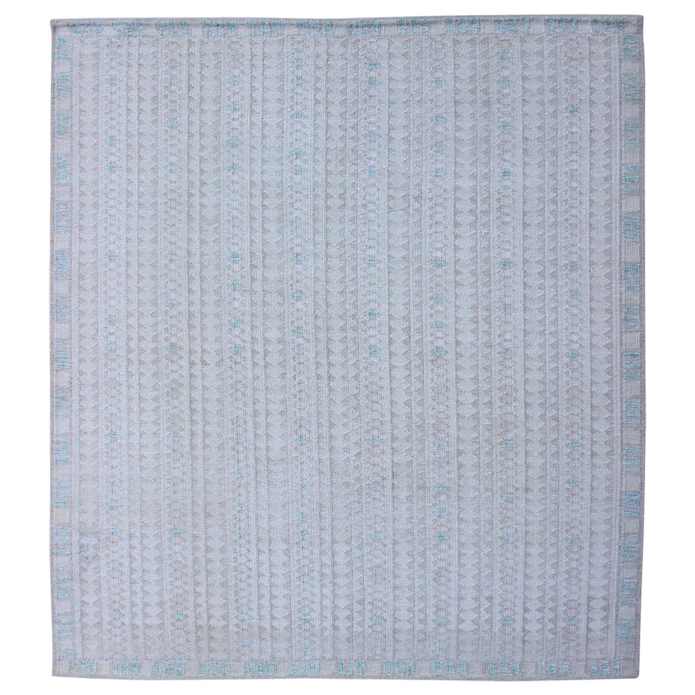 Modern Swedish Design Rug with All-Over Design in White, Taupe & Light Blue For Sale