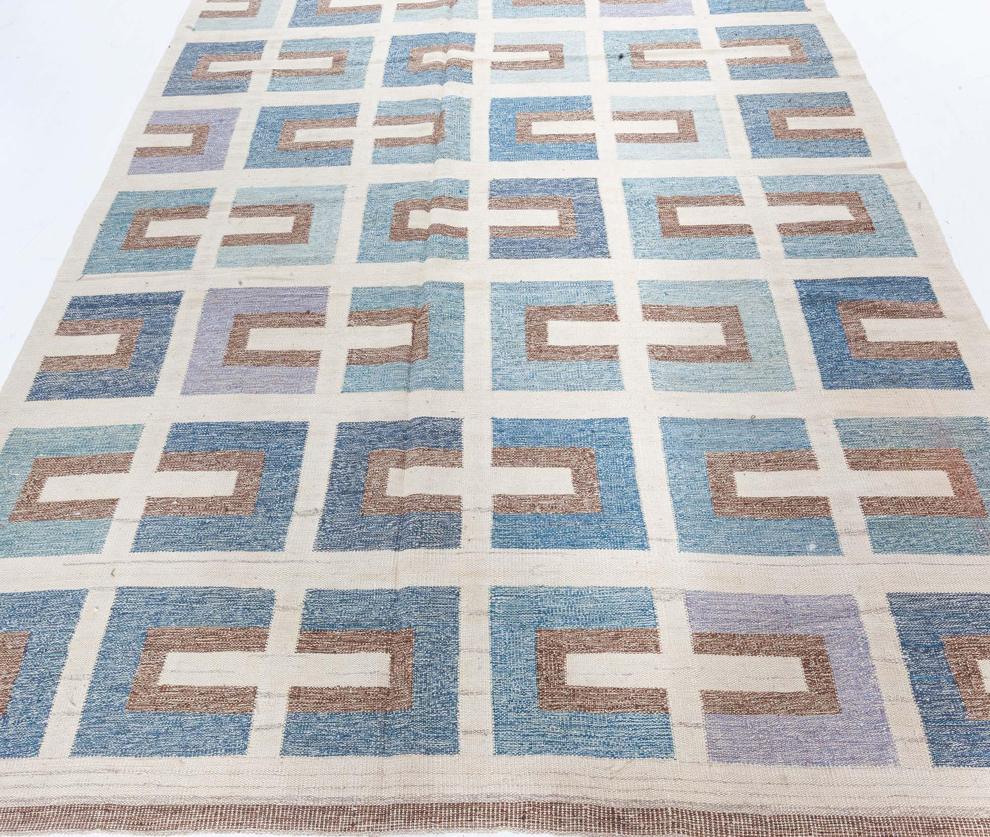 Hand-Woven Modern Swedish Geometric Flat-Weave Wool Rug by Doris Leslie Blau For Sale