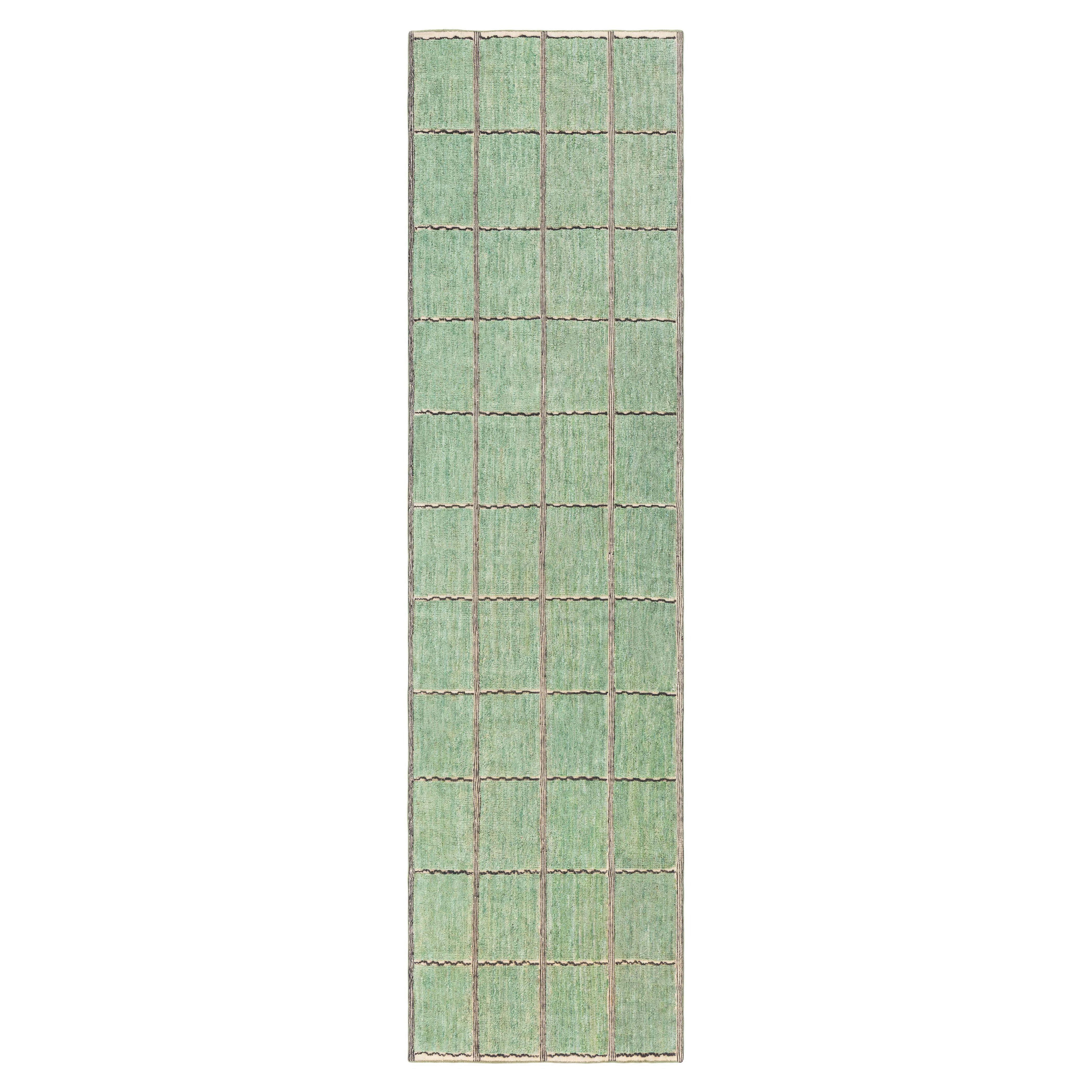 Modern Swedish Pile Runner with Geometric Grid Design by Doris Leslie Blau