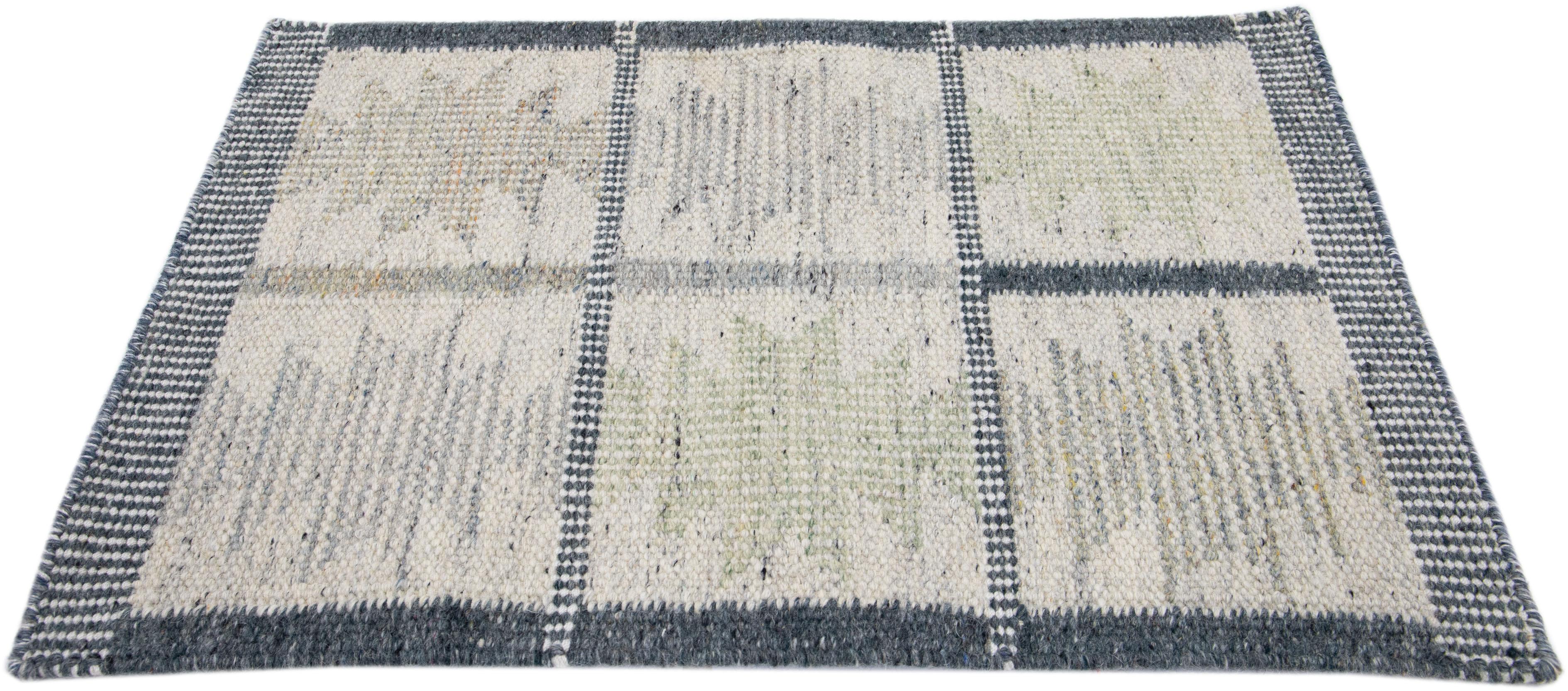 Indian Modern Swedish Style Beige Handmade Custom Wool Rug For Sale