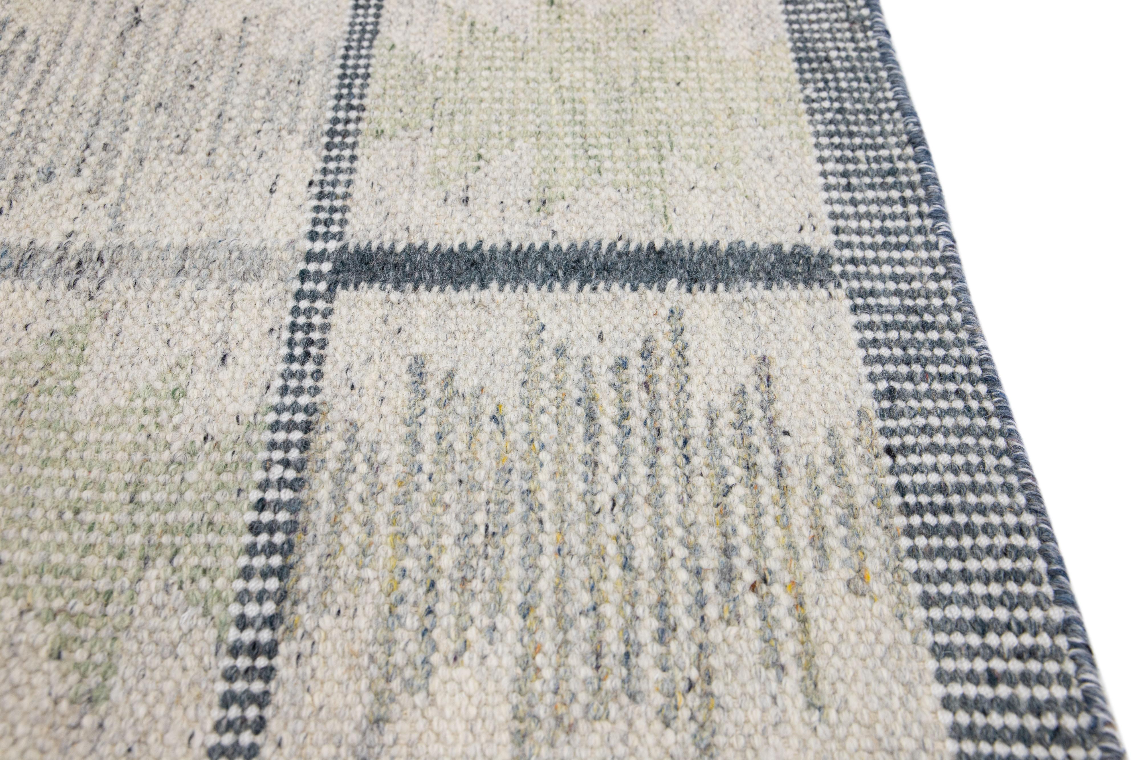 Hand-Woven Modern Swedish Style Beige Handmade Custom Wool Rug For Sale