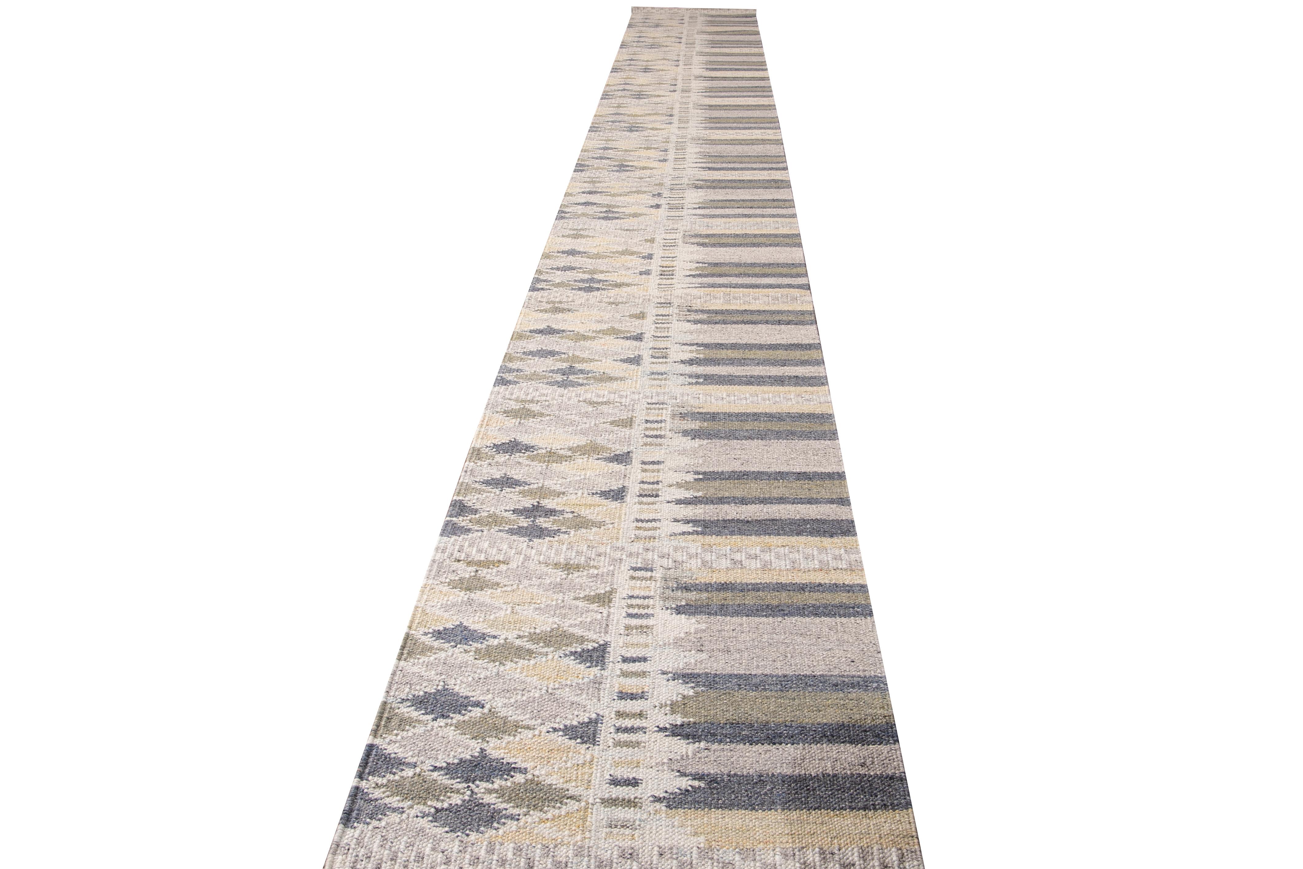 Indian Modern Swedish Style Beige Handmade Geometric Abstract Long Wool Runner For Sale