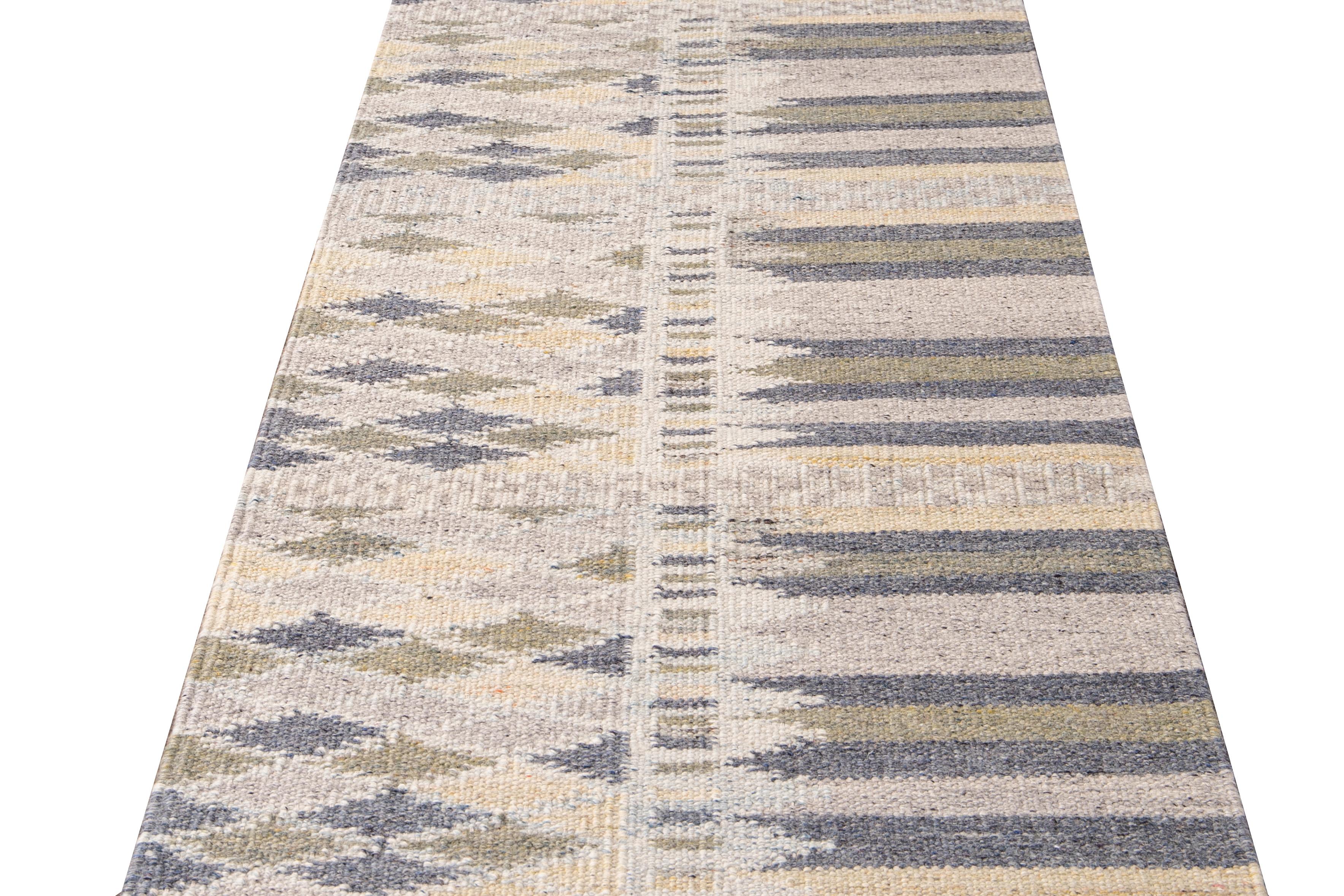 Modern Swedish Style Beige Handmade Geometric Abstract Long Wool Runner For Sale 2