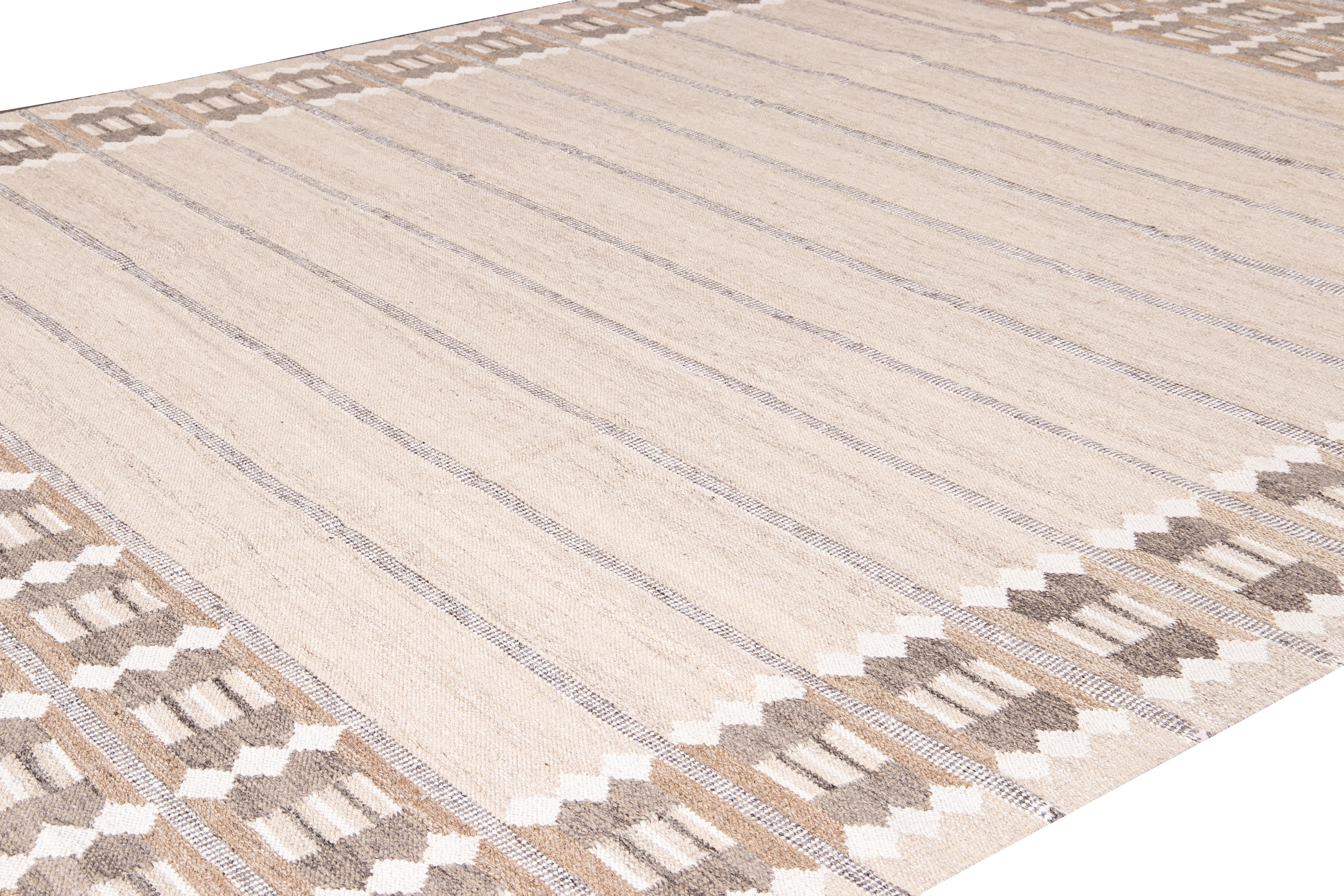 Hand-Knotted Modern Swedish Style Beige Handmade Oversize Designed Wool Rug For Sale