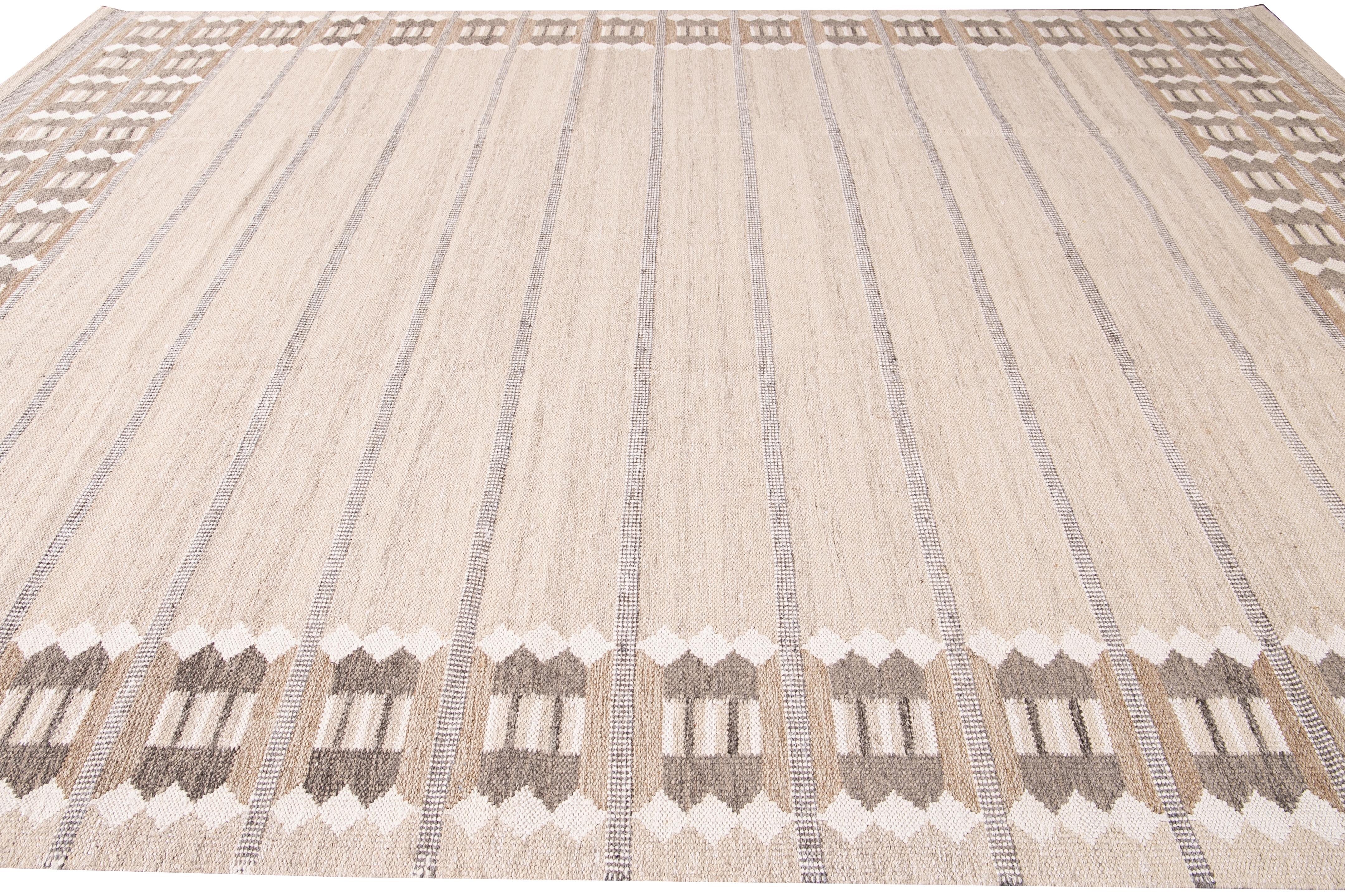 Modern Swedish Style Beige Handmade Oversize Designed Wool Rug In New Condition For Sale In Norwalk, CT