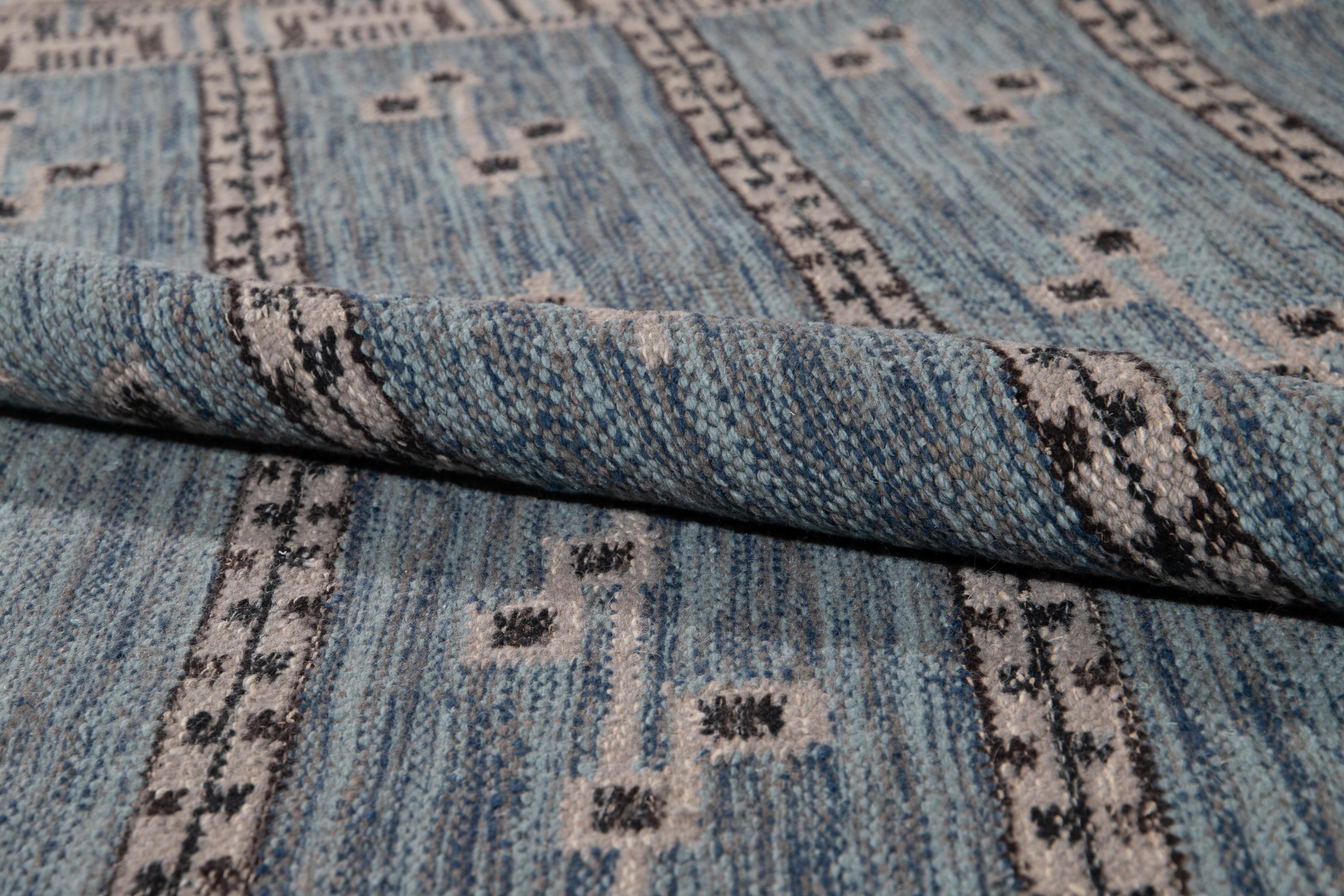 Modern Swedish Style Blue Handmade Wool Rug In New Condition In Norwalk, CT