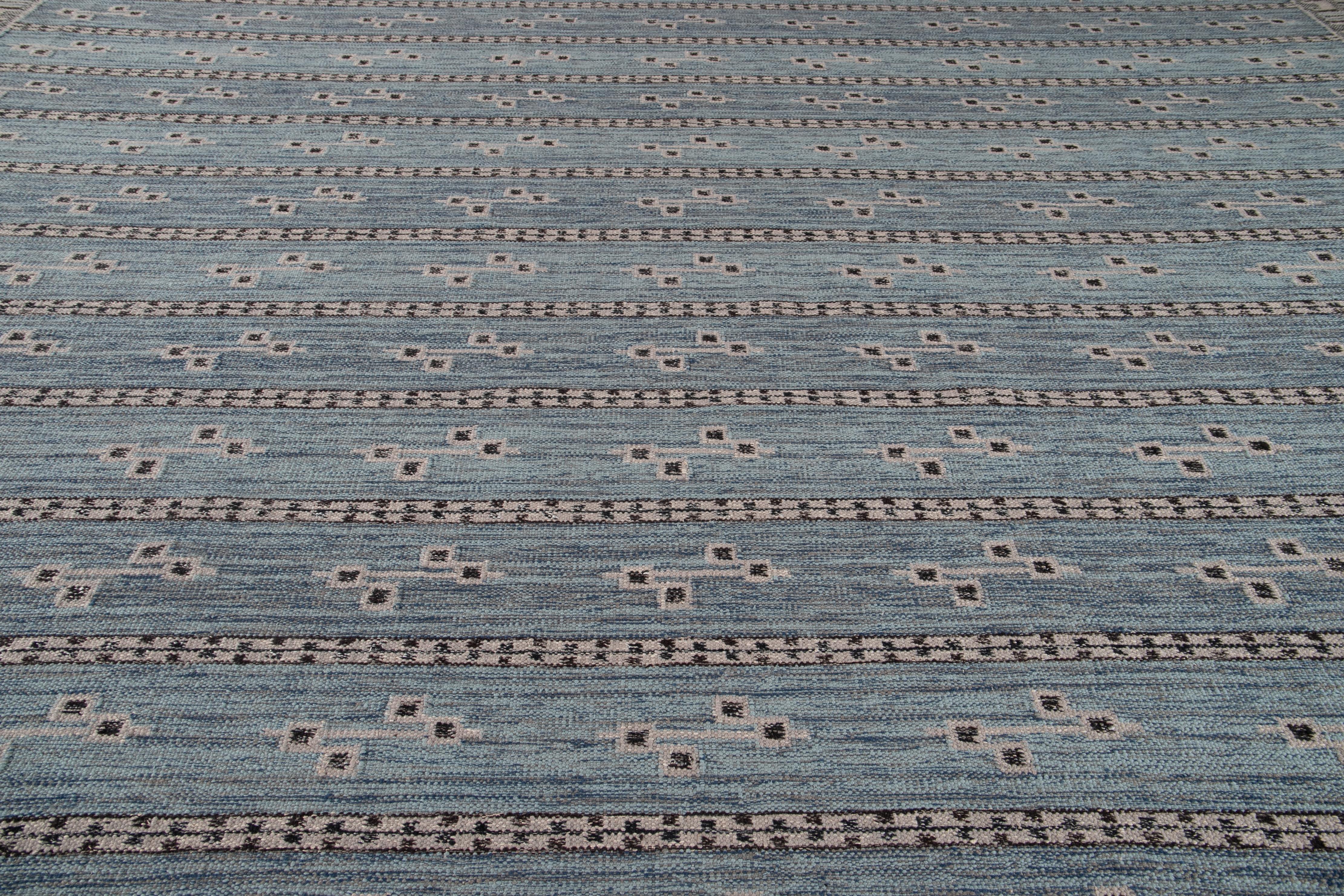 Modern Swedish Style Blue Handmade Wool Rug 1