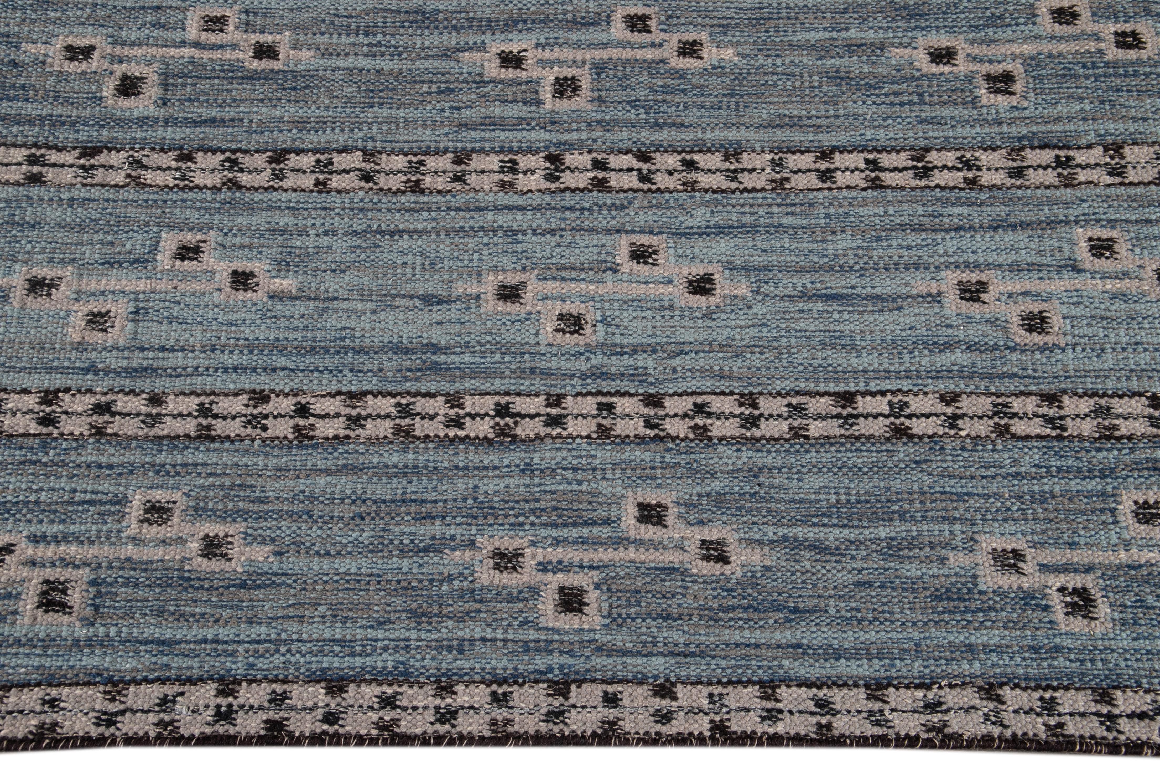 Modern Swedish Style Blue Handmade Wool Rug 2