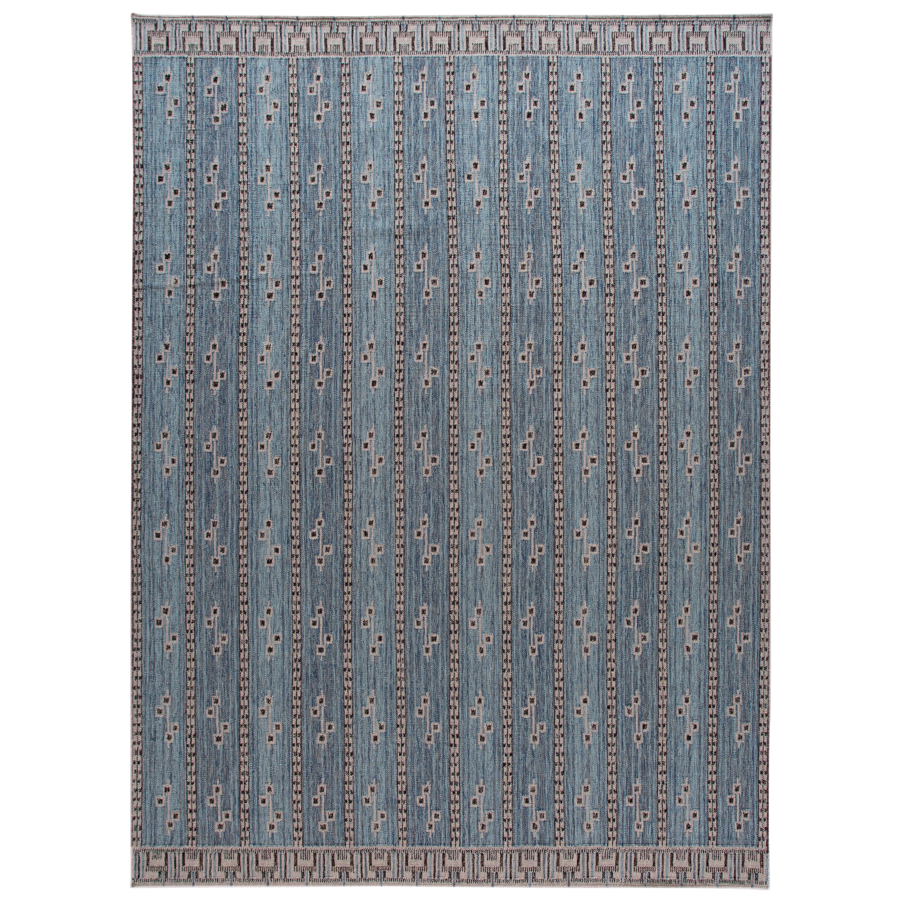 Modern Swedish Style Blue Handmade Wool Rug