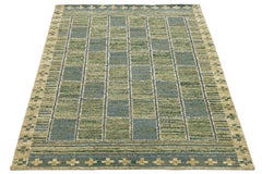 Modern Swedish-Style Flatweave Wool Rug – Moss Green & Slate Blue Geometric Grid