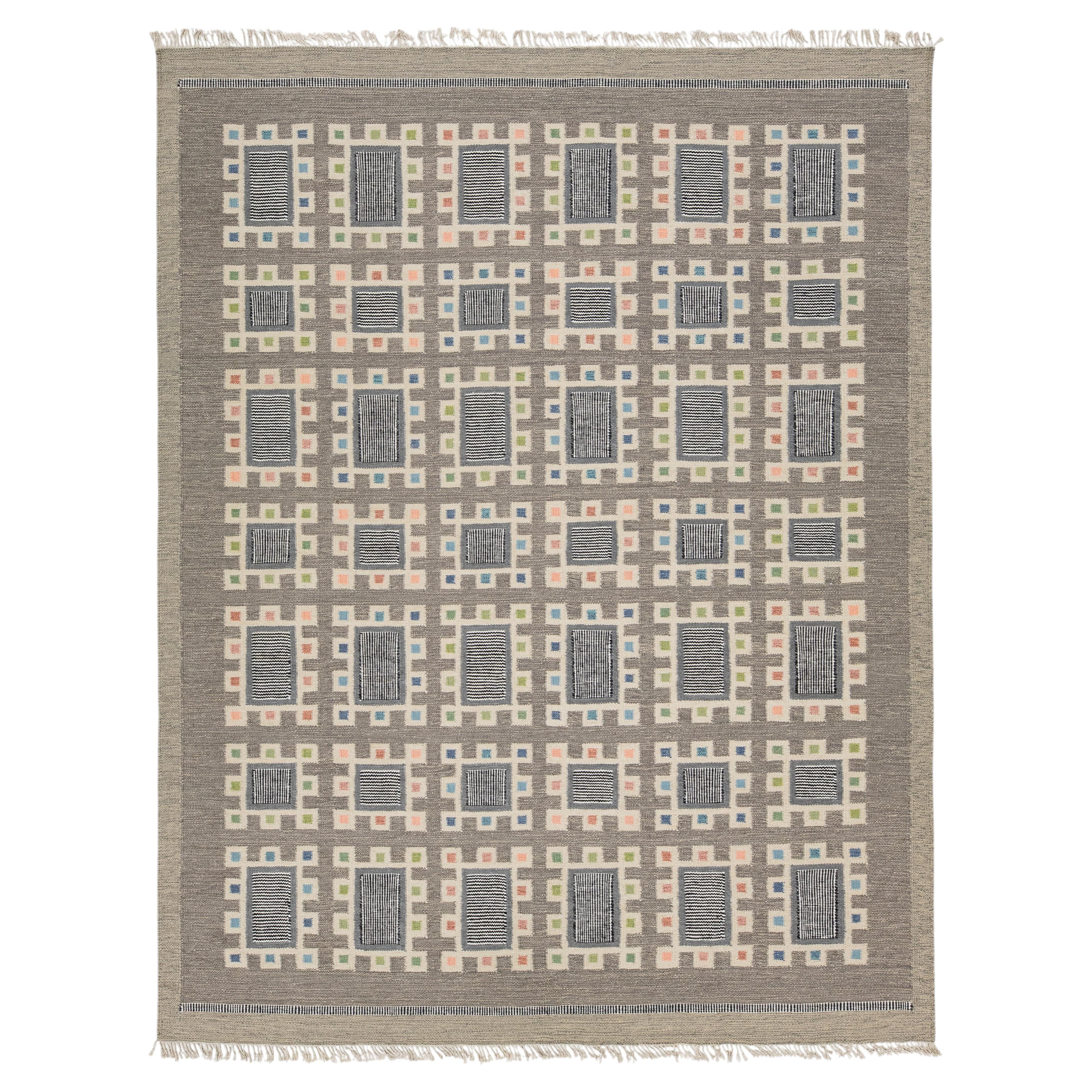 Modern Swedish Style Flatweave Wool Rug with Geometric in in Charcoal & Pastels For Sale