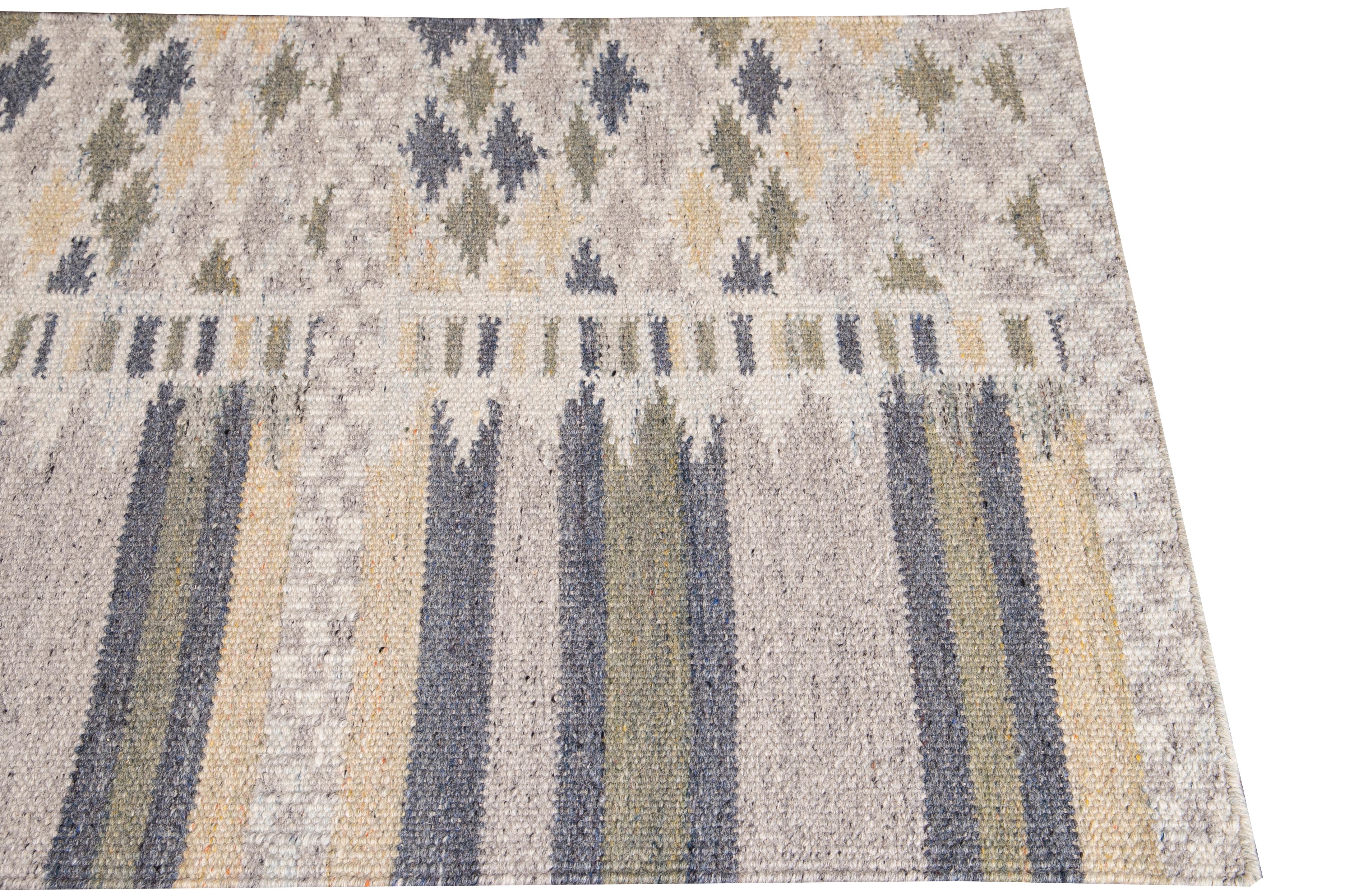 Hand-Woven Modern Swedish Style Gray and Beige Handmade Geometric Abstract Long Wool Runner For Sale