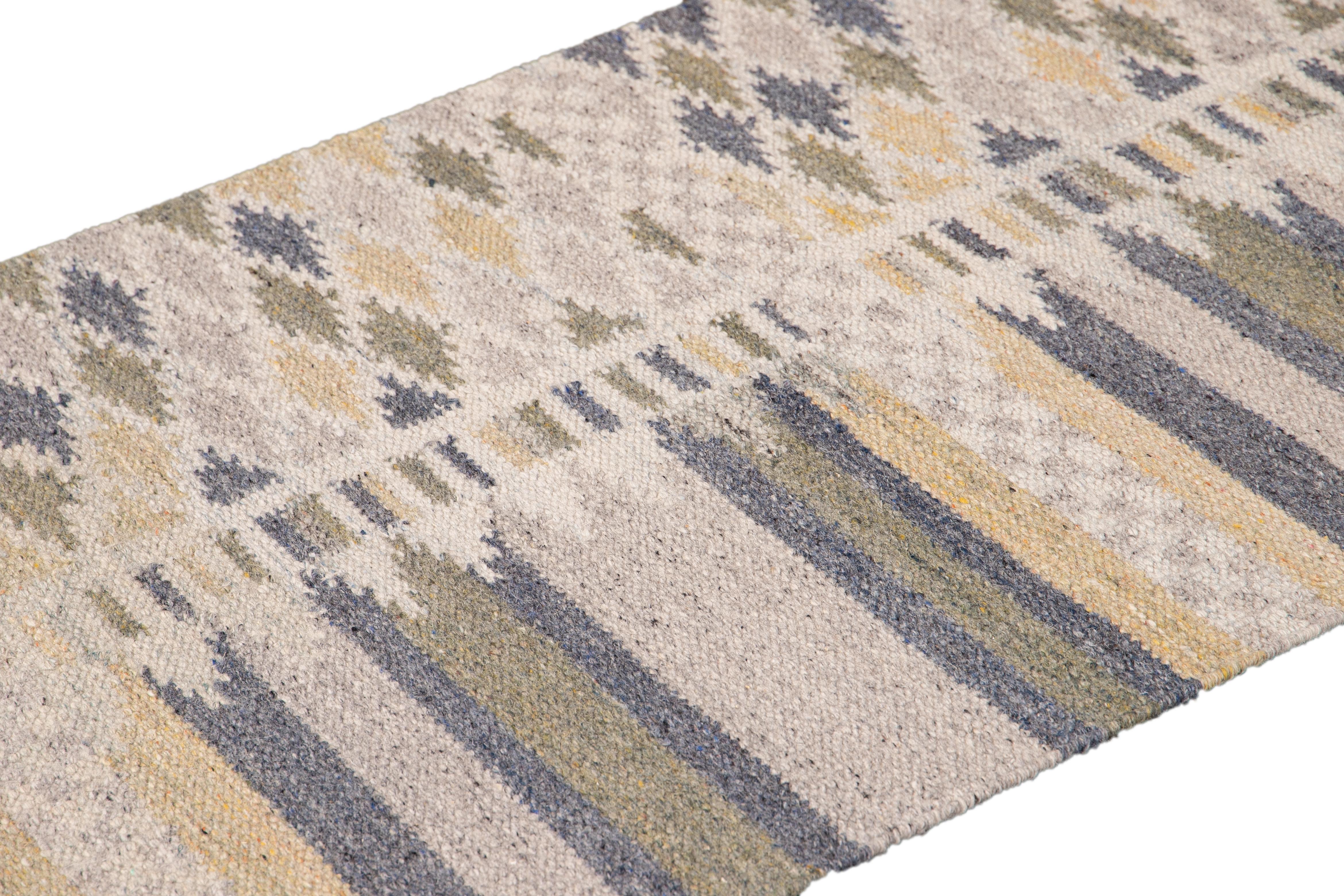 Modern Swedish Style Gray and Beige Handmade Geometric Abstract Long Wool Runner In New Condition For Sale In Norwalk, CT