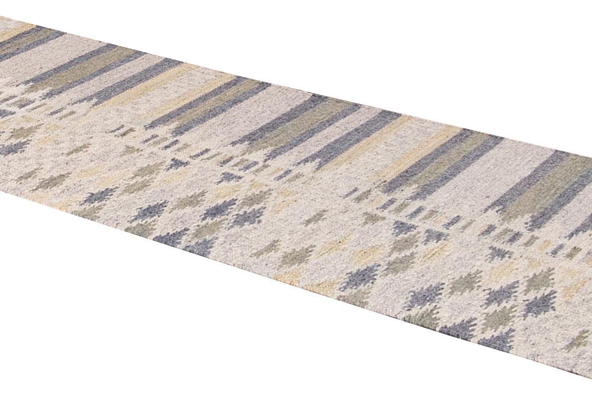 Modern Swedish Style Gray and Beige Handmade Geometric Abstract Long Wool Runner For Sale 1