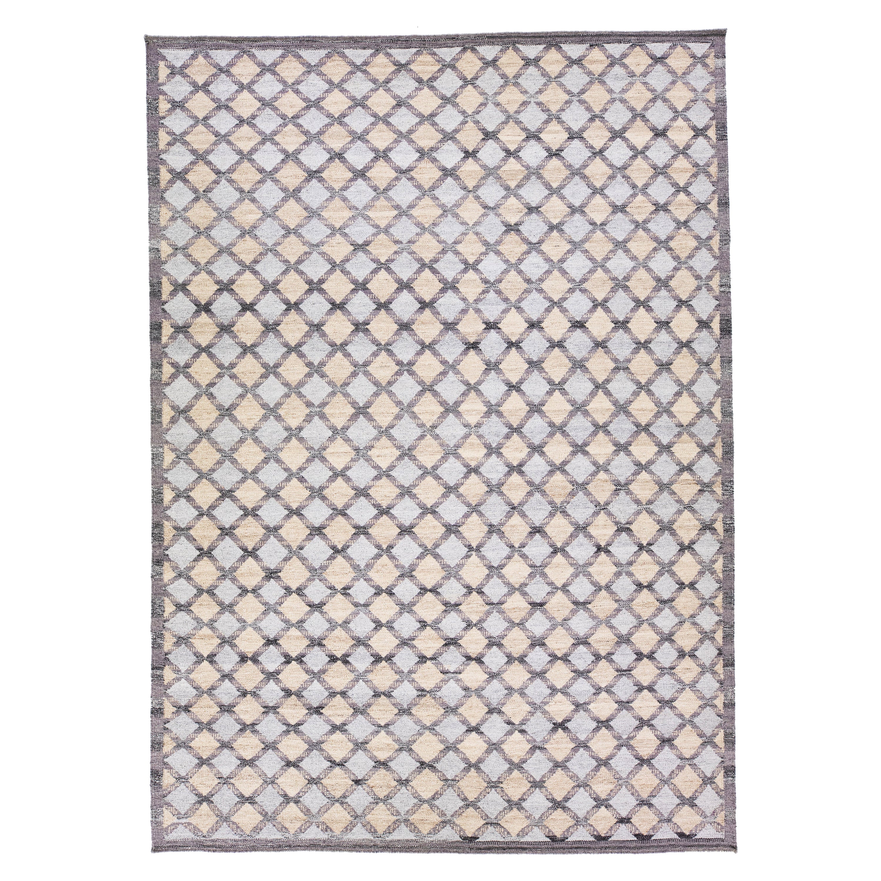 Tappeto di lana geometrico fatto a mano grigio e beige in stile svedese moderno