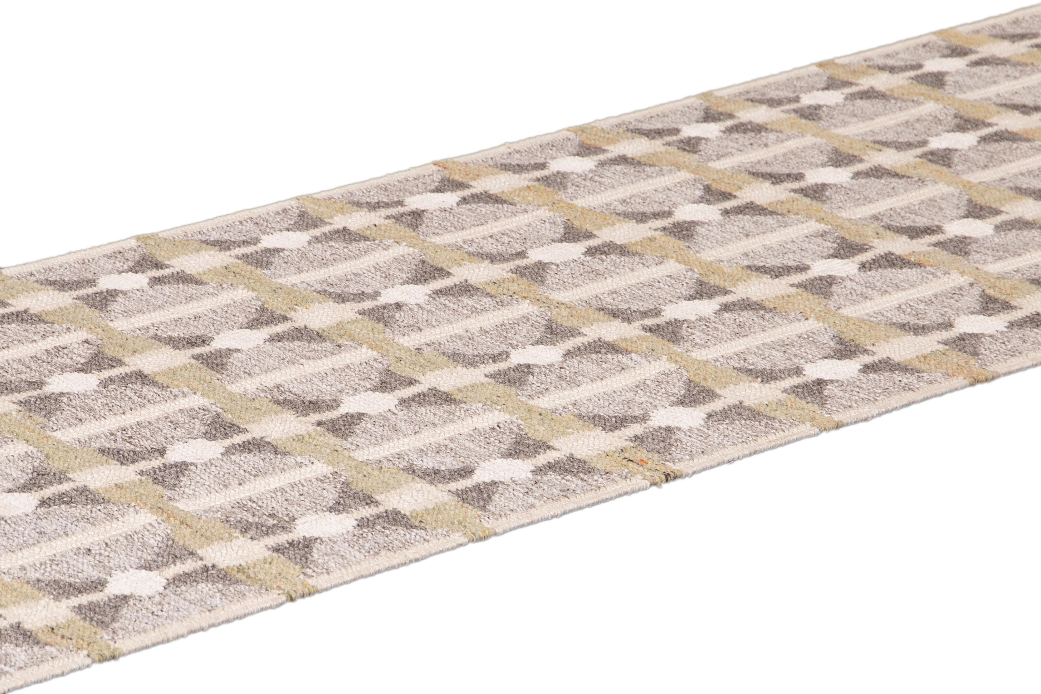 Modern Swedish Style Gray and Beige Handmade Geometric Wool Runner In New Condition For Sale In Norwalk, CT