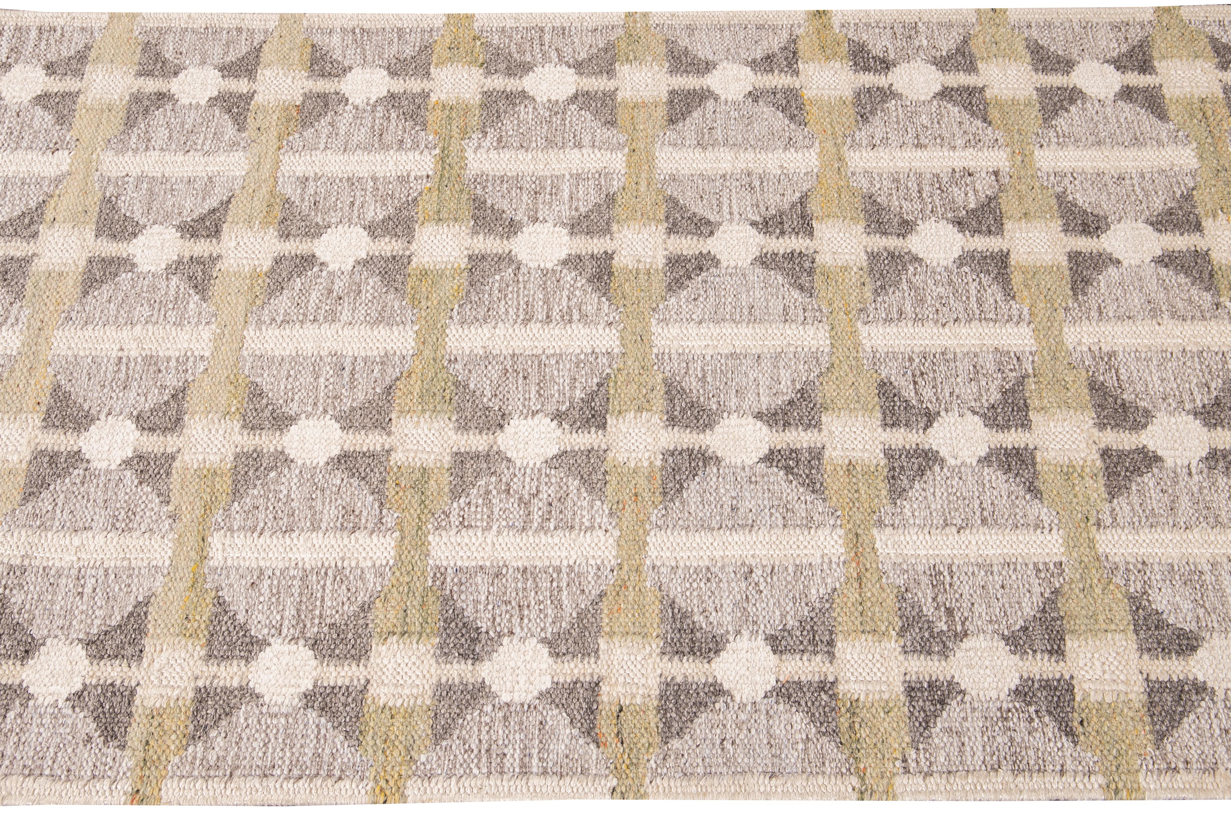 Contemporary Modern Swedish Style Gray and Beige Handmade Geometric Wool Runner For Sale