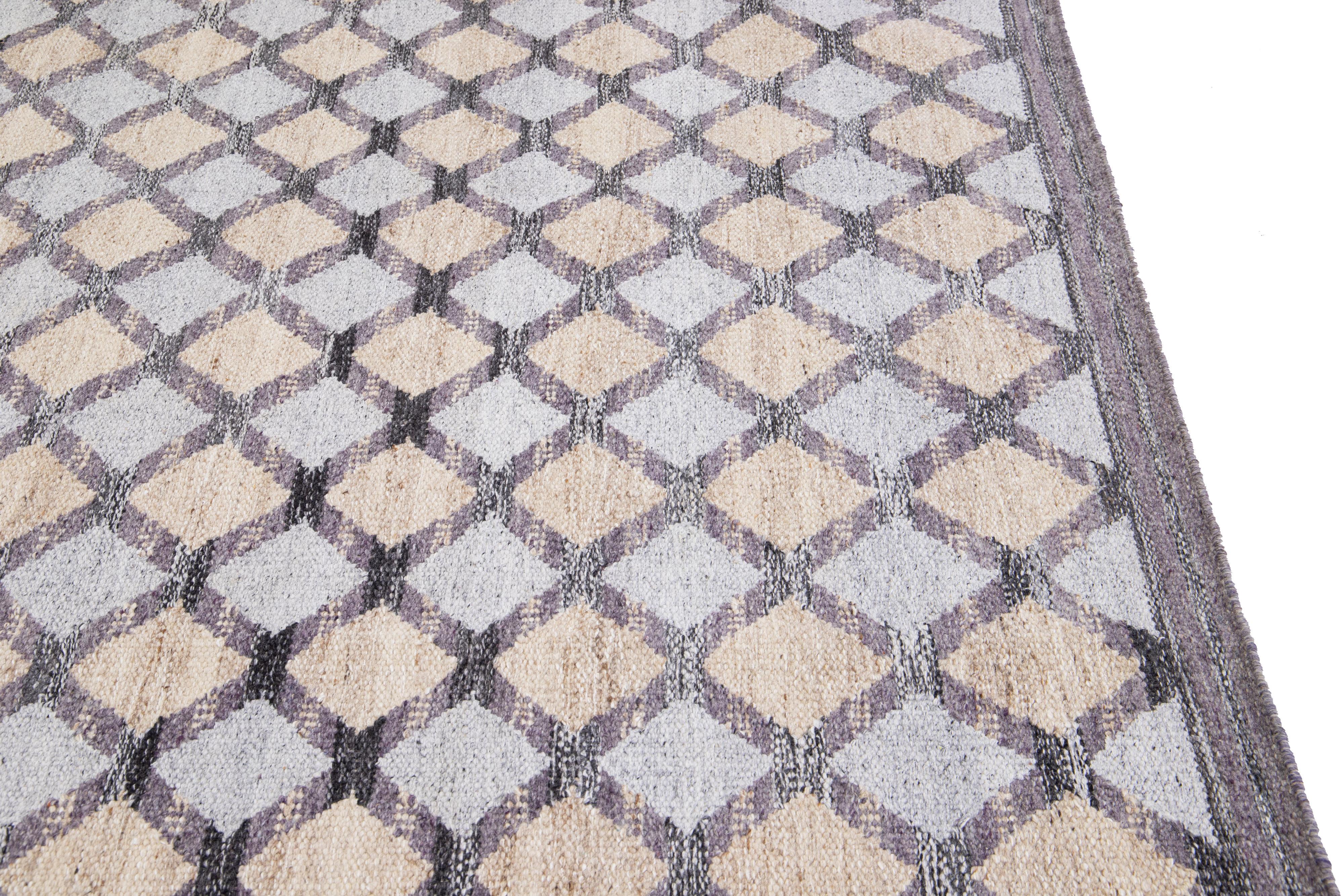 Contemporary Modern Swedish Style Gray Handmade Geometric Designed Square Wool Rug For Sale