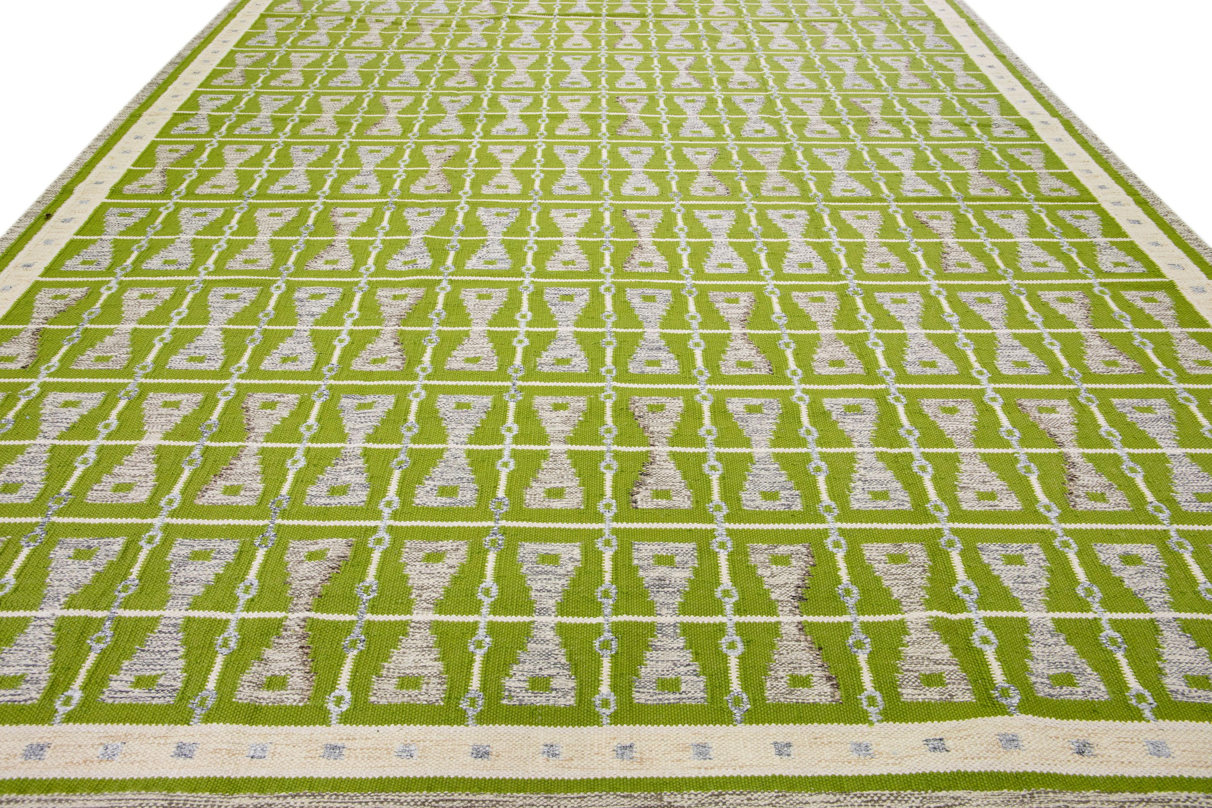 Scandinavian Modern Modern Swedish Style Green Handmade Oversize Wool Rug with Geometric Pattern For Sale