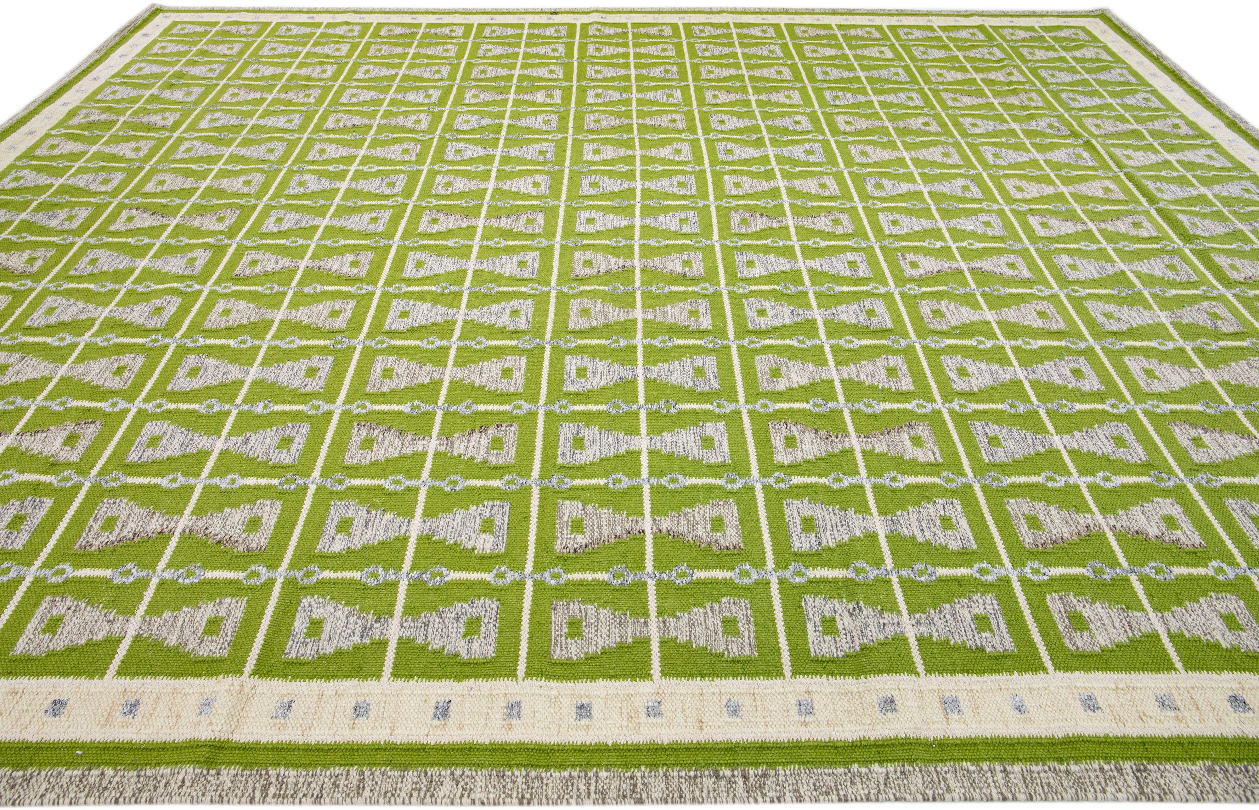 Modern Swedish Style Green Handmade Oversize Wool Rug with Geometric Pattern In New Condition For Sale In Norwalk, CT