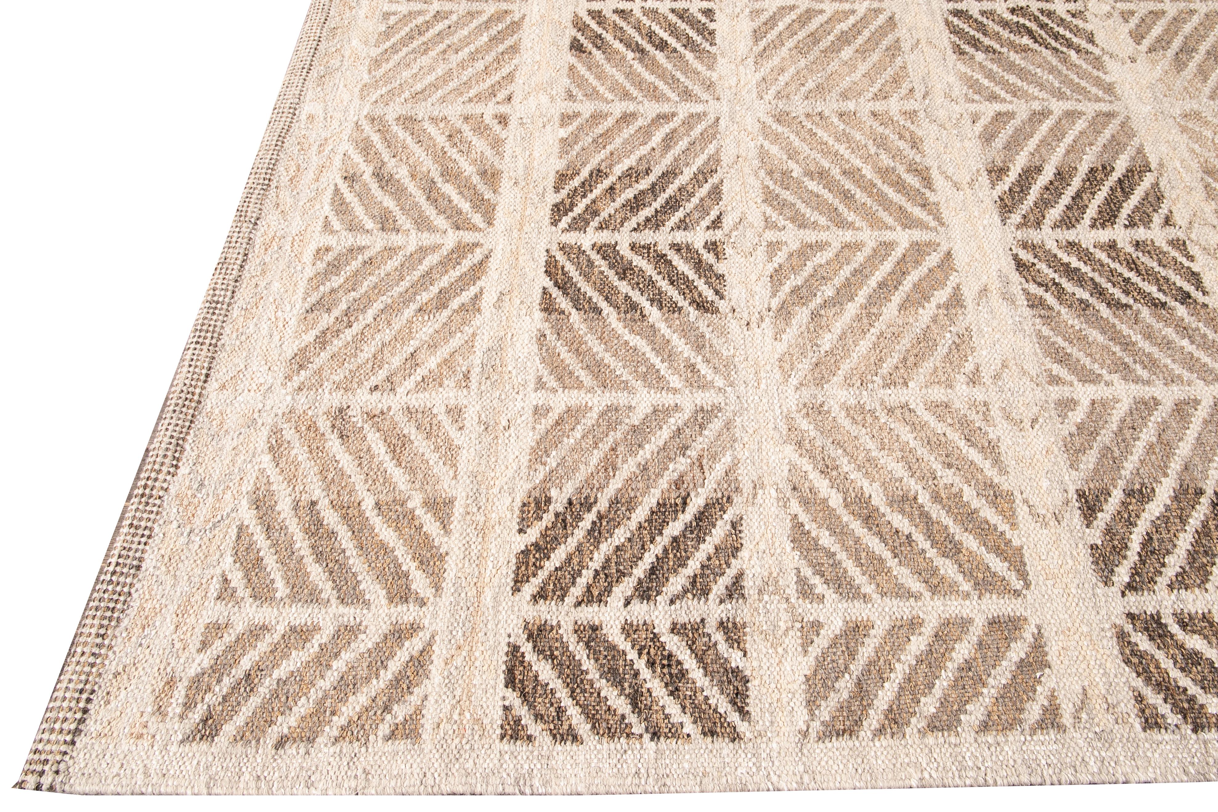 Indian Modern Swedish Style Handmade Beige and Brown Oversize Designed Wool Rug For Sale