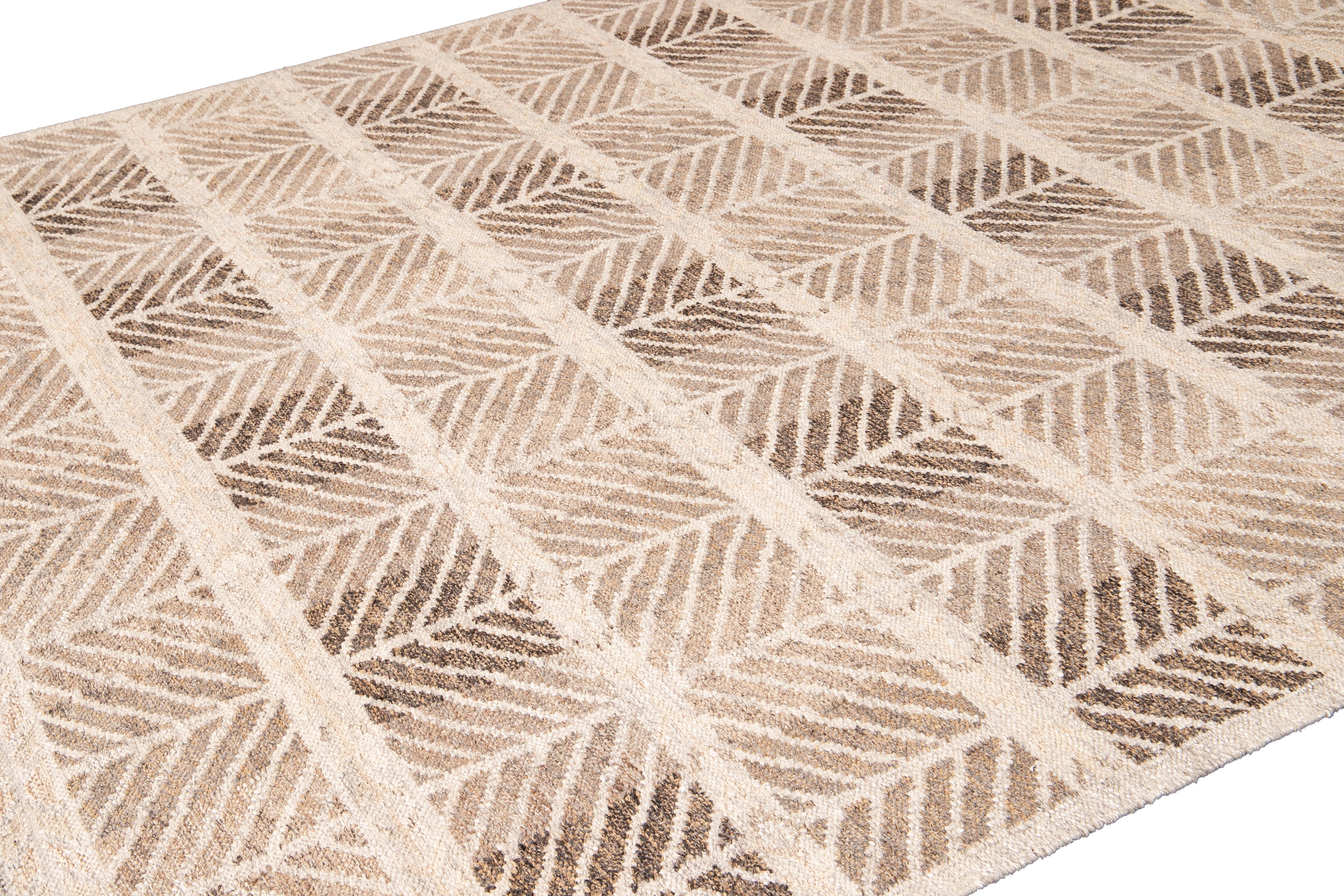 Hand-Knotted Modern Swedish Style Handmade Beige and Brown Oversize Designed Wool Rug For Sale