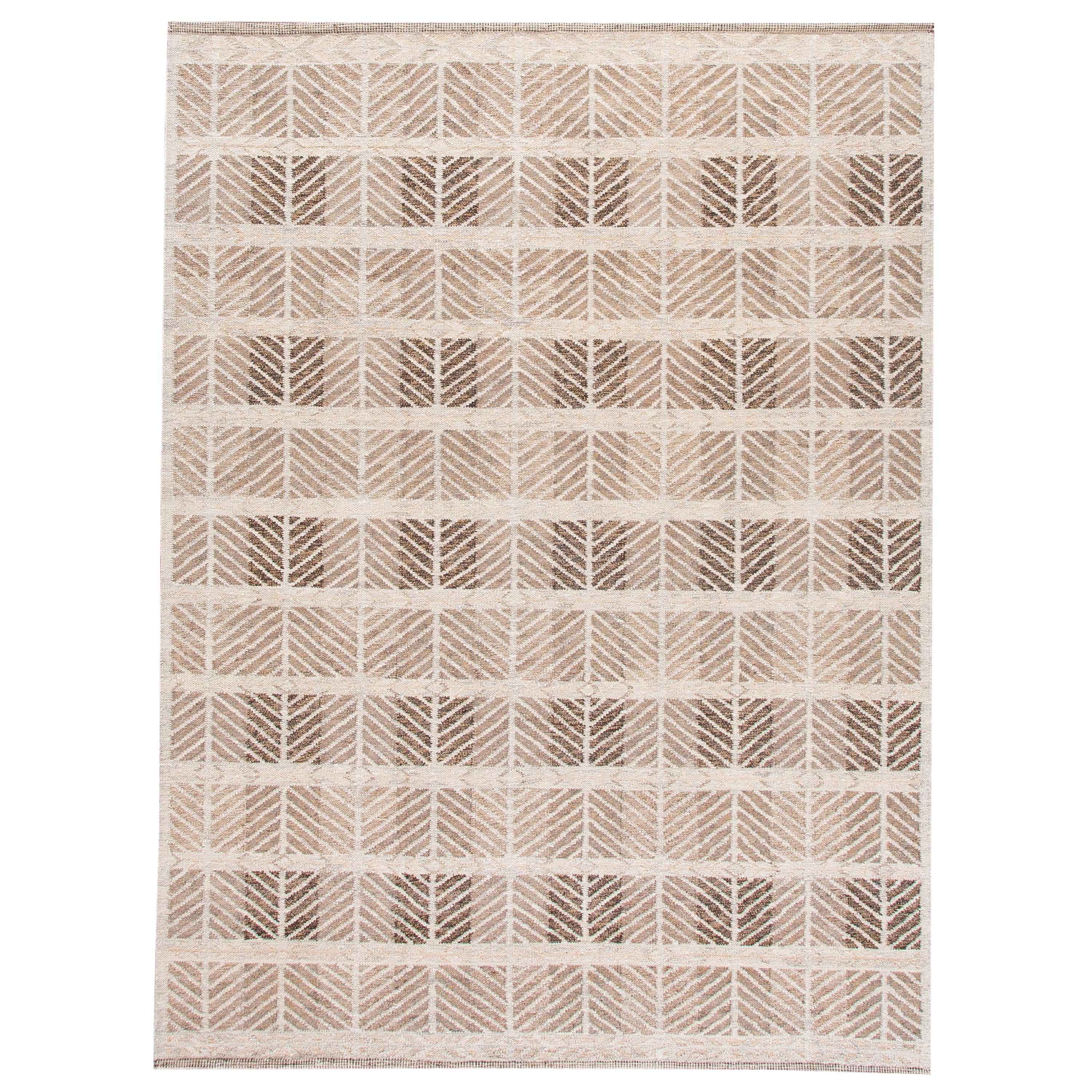 Modern Swedish Style Handmade Beige and Brown Oversize Designed Wool Rug For Sale