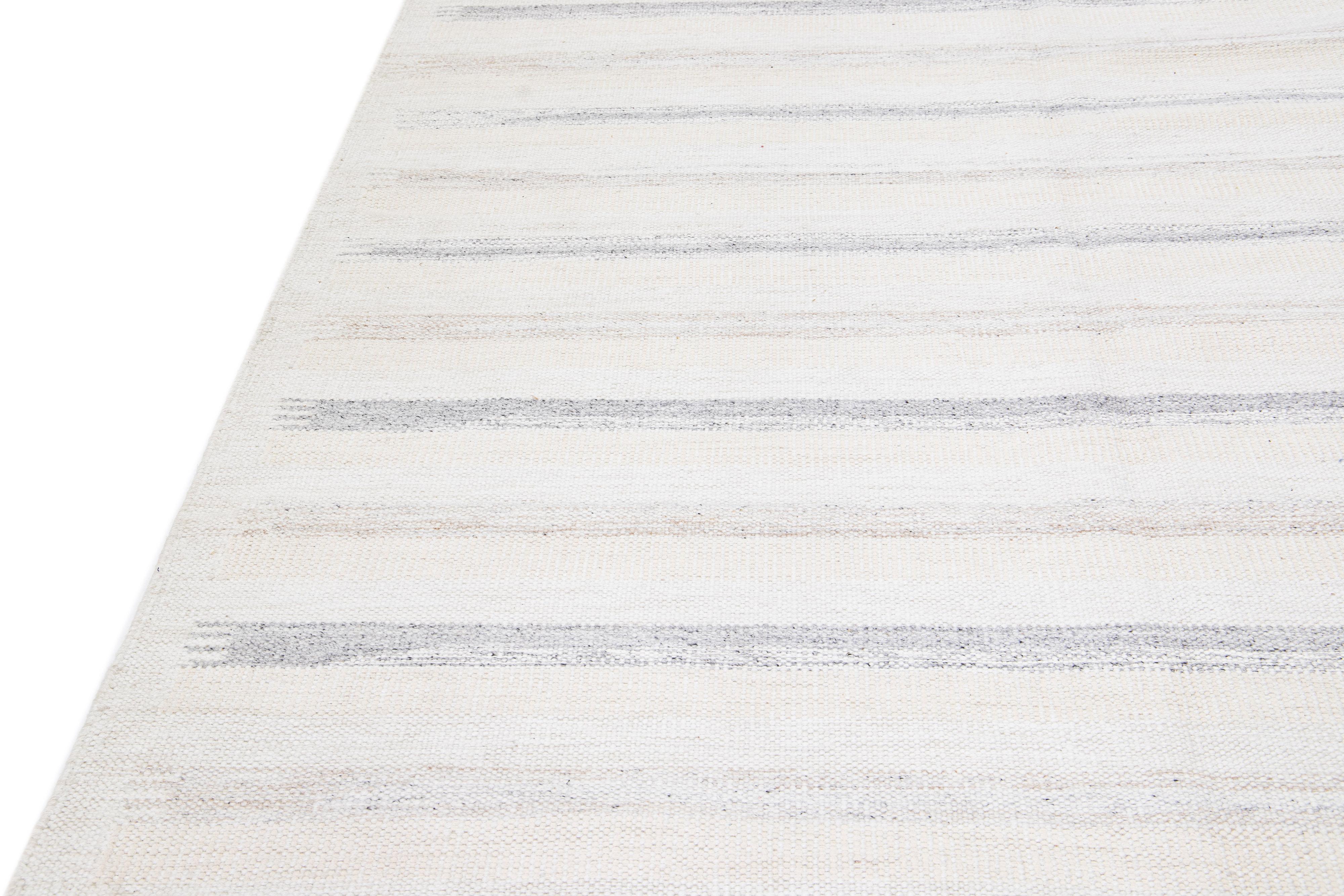Indian Modern Swedish Style Handmade Beige And Gray Wool Rug With Striped Design For Sale
