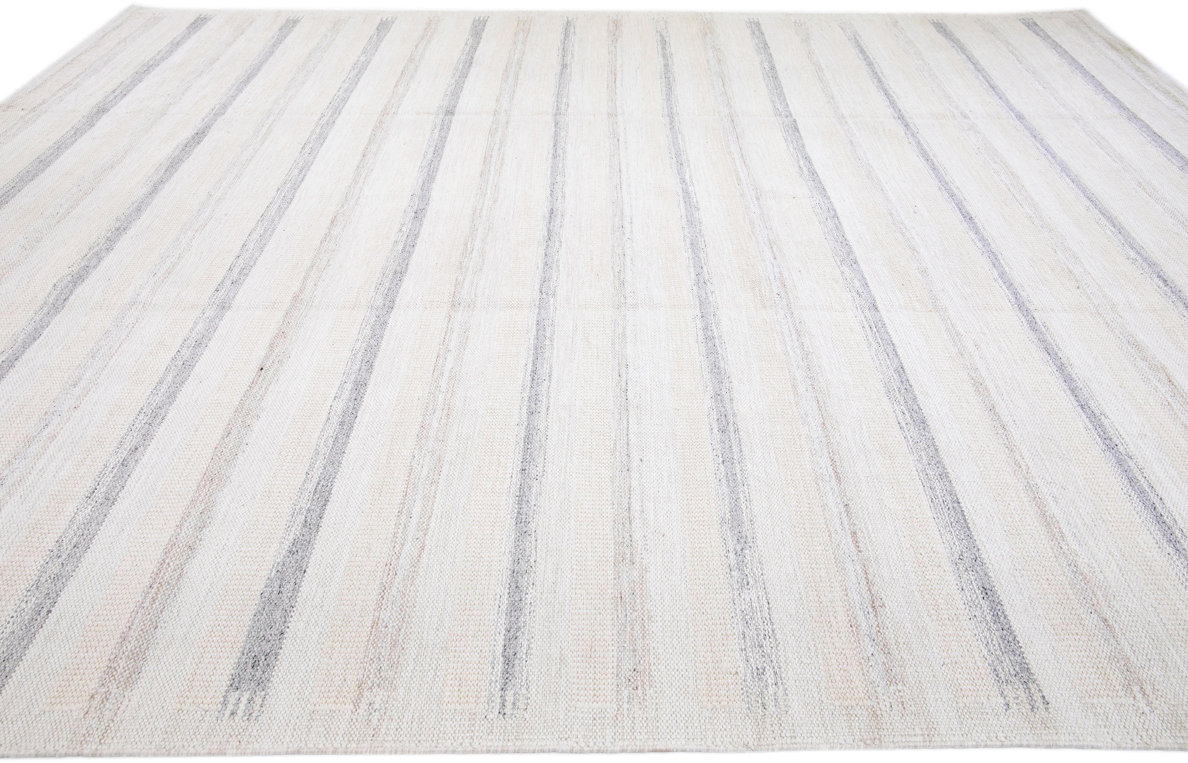 Hand-Knotted Modern Swedish Style Handmade Beige And Gray Wool Rug With Striped Design For Sale