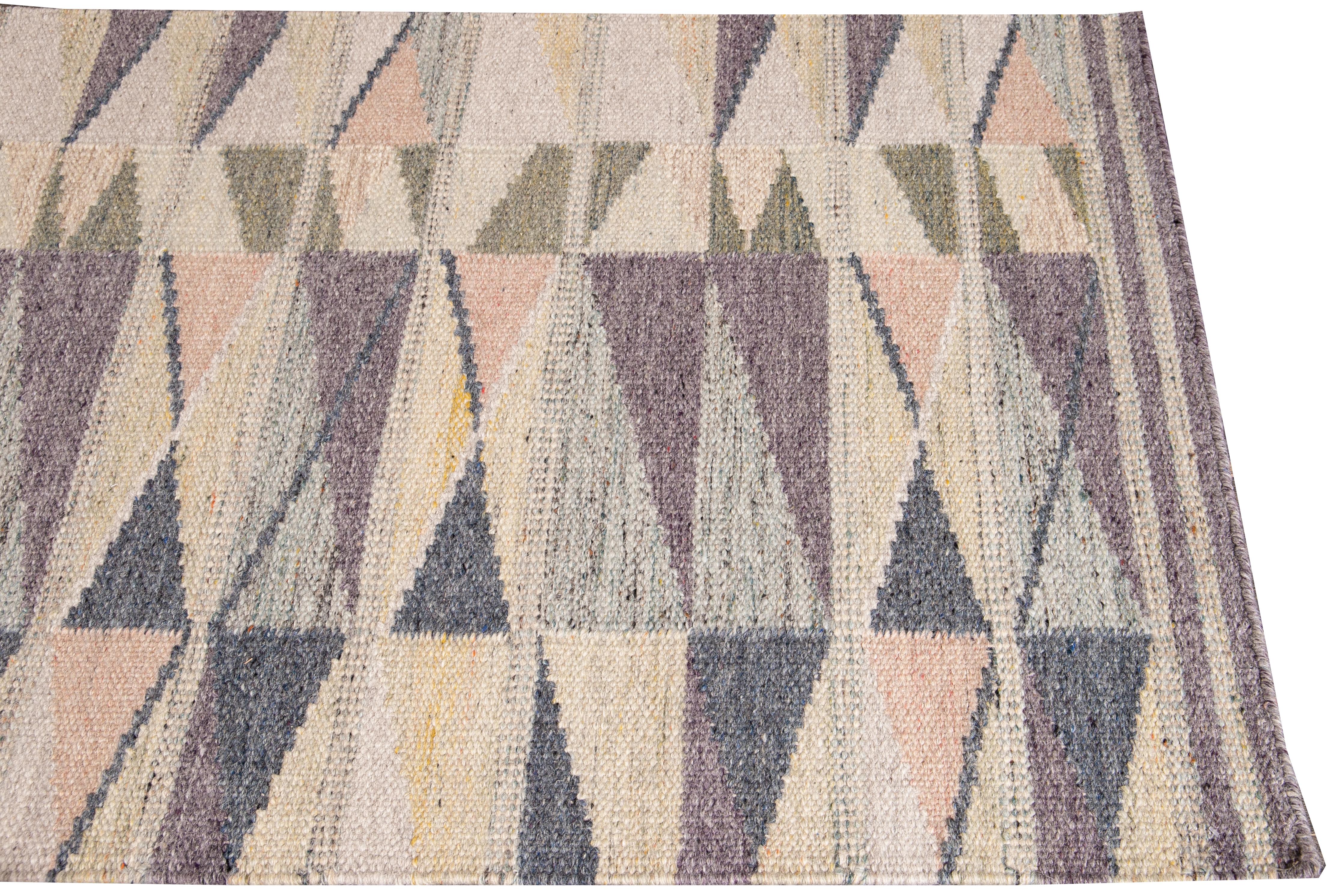 Hand-Woven Modern Swedish Style Handmade Beige Geometric Abstract Long Wool Runner For Sale