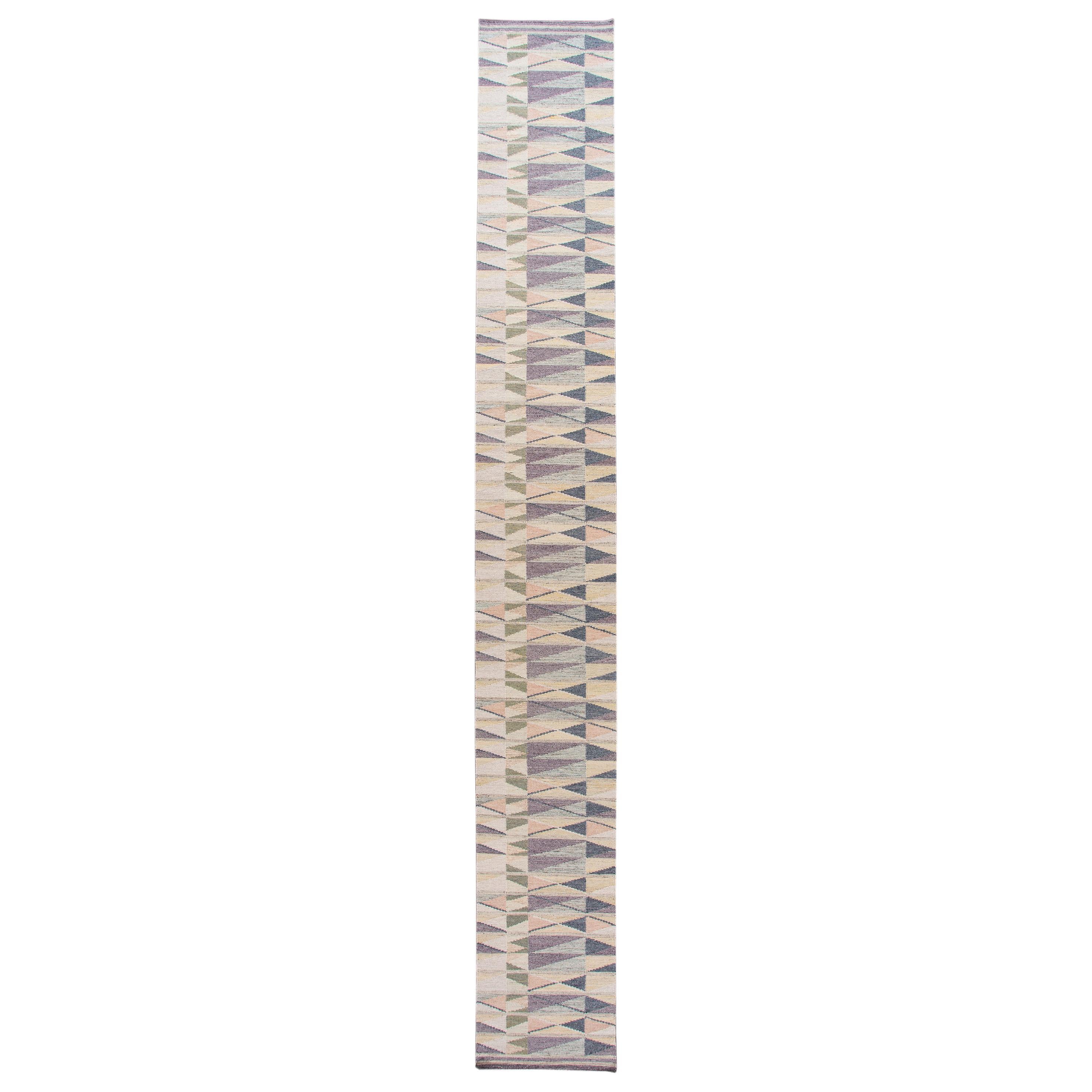 Modern Swedish Style Handmade Beige Geometric Abstract Long Wool Runner