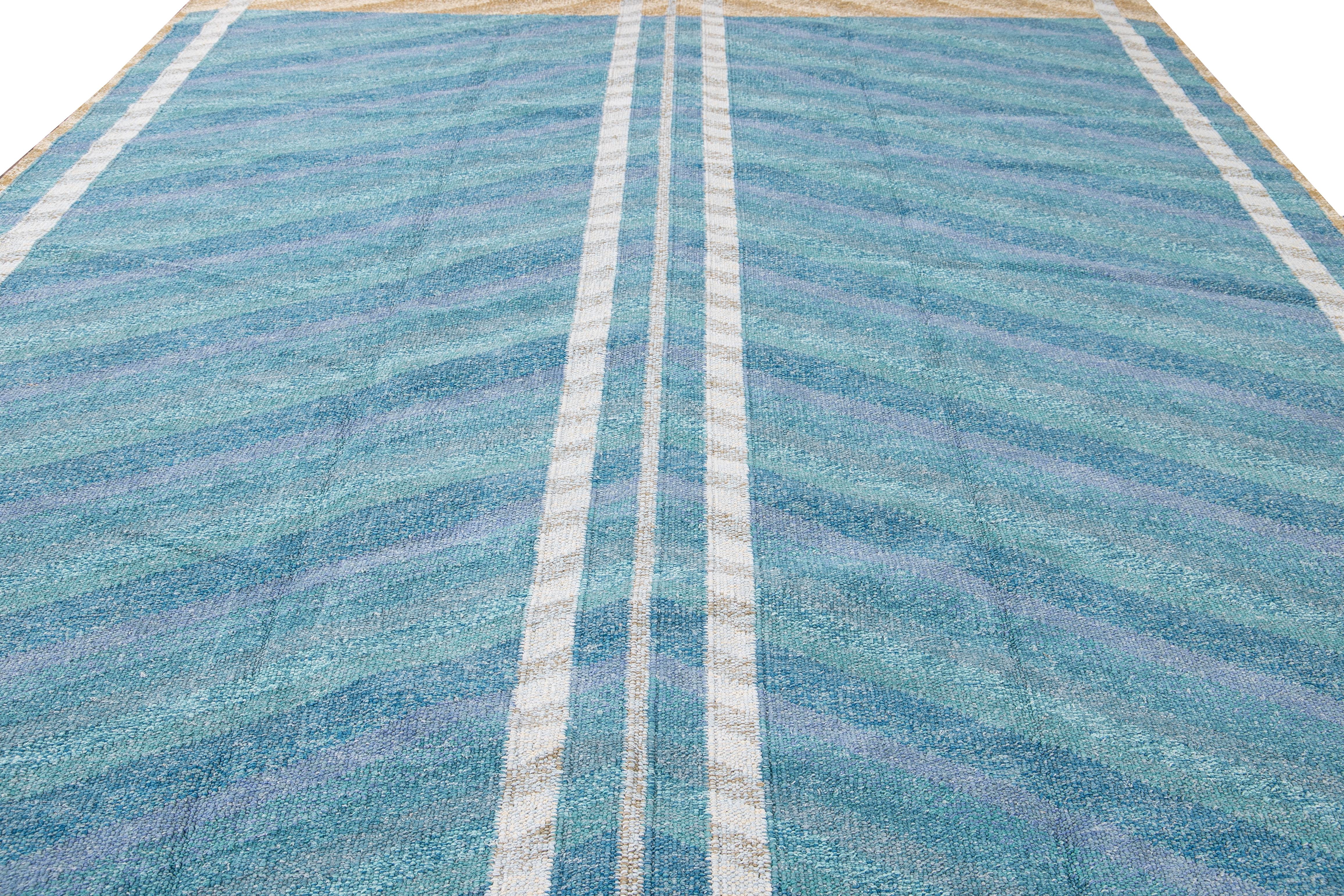 Scandinavian Modern Modern Swedish Style Handmade Blue Wool Rug Geometric Design For Sale