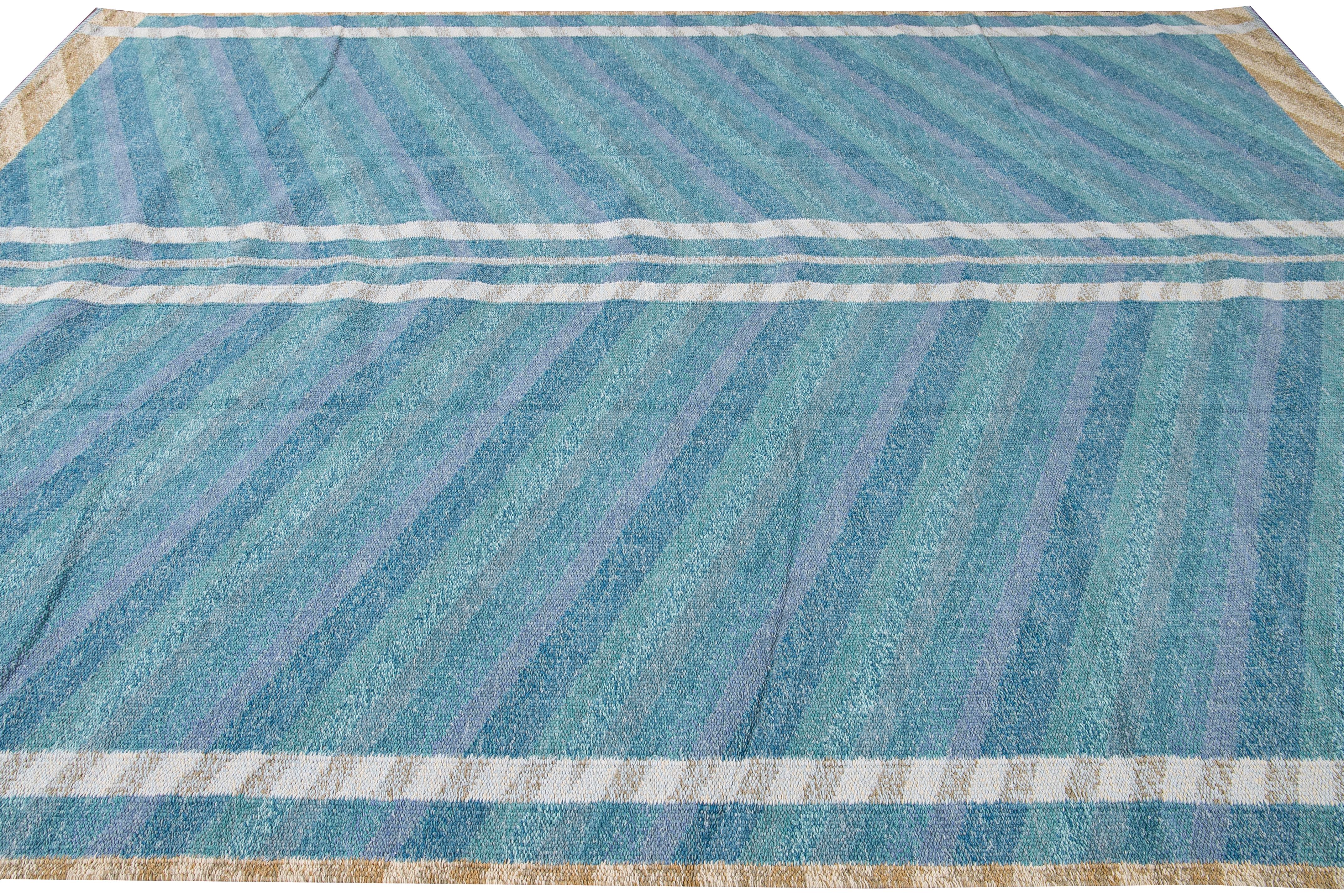 Modern Swedish Style Handmade Blue Wool Rug Geometric Design In New Condition For Sale In Norwalk, CT