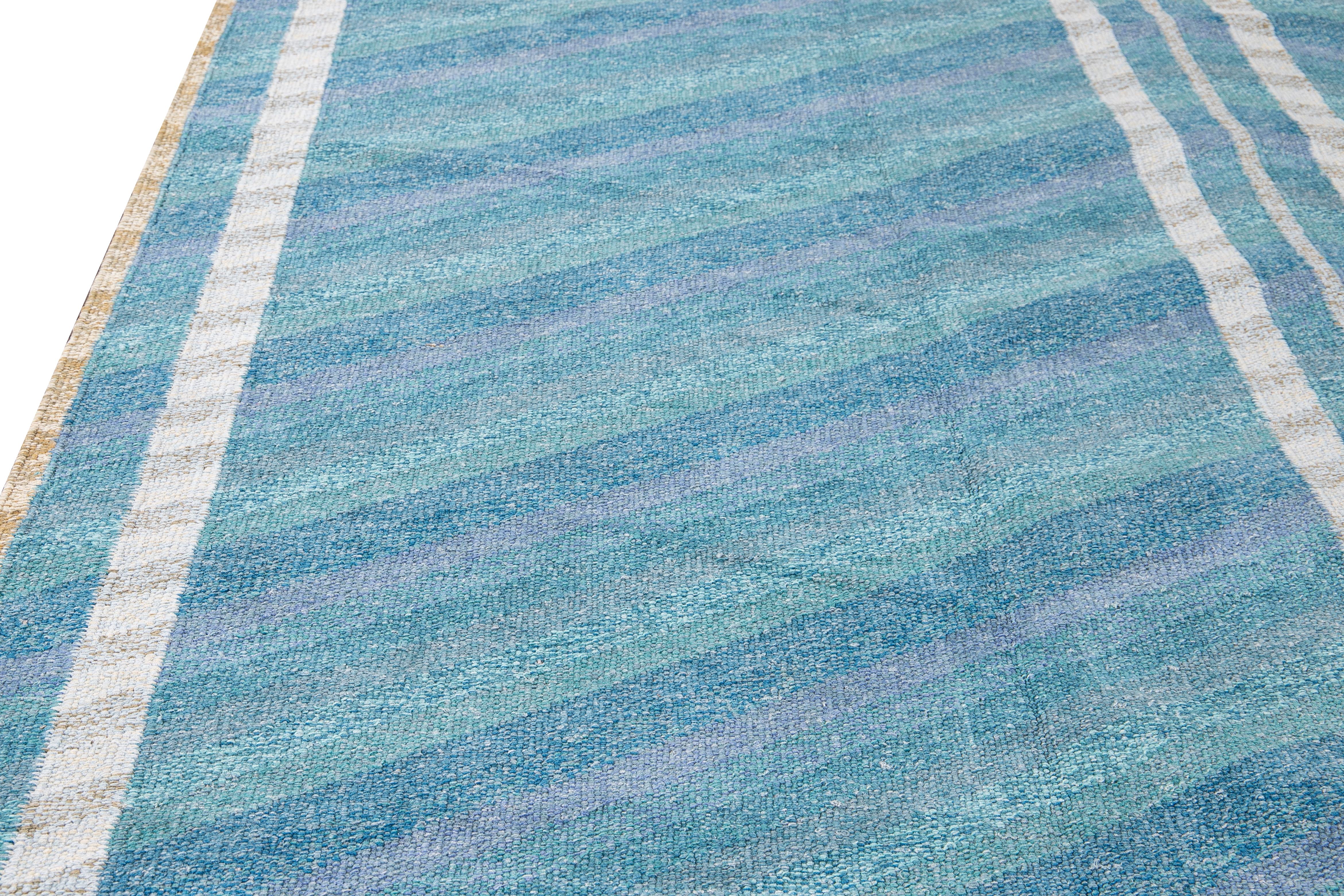 Contemporary Modern Swedish Style Handmade Blue Wool Rug Geometric Design For Sale
