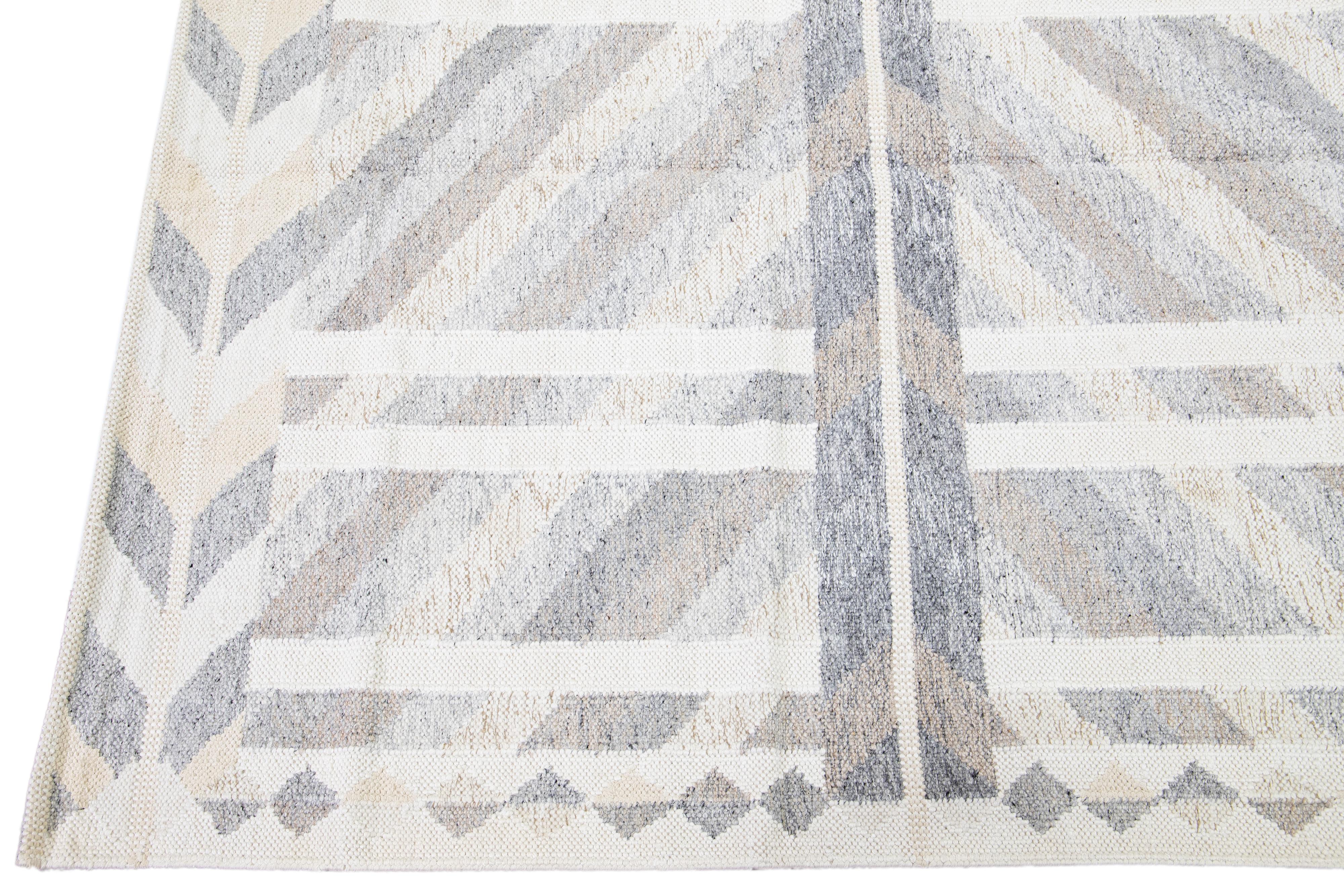 Contemporary Modern Swedish Style Handmade Geometric Abstract Gray Wool Rug For Sale