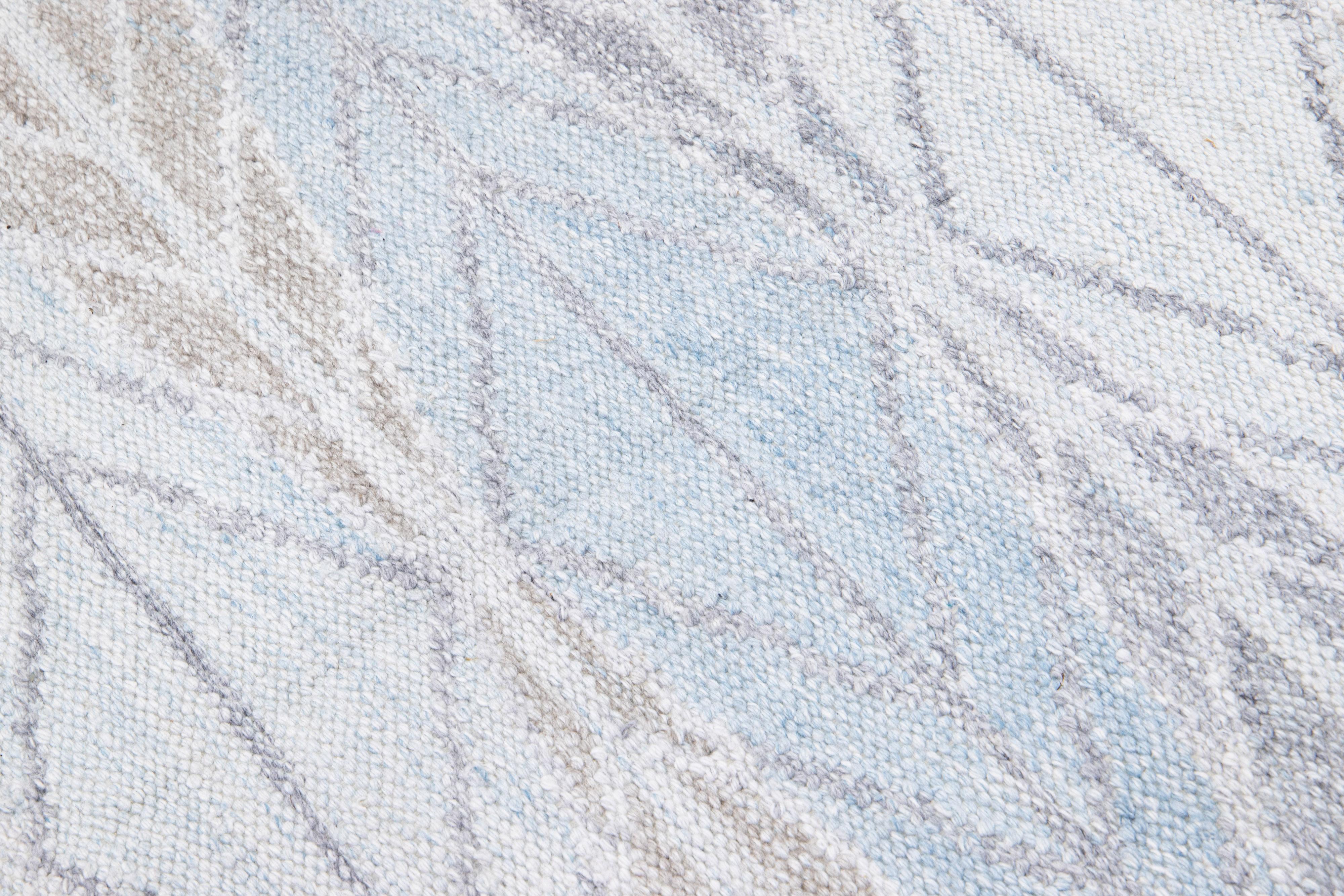 Modern Swedish Style Handmade Geometric Designed Blue Wool Rug For Sale 3