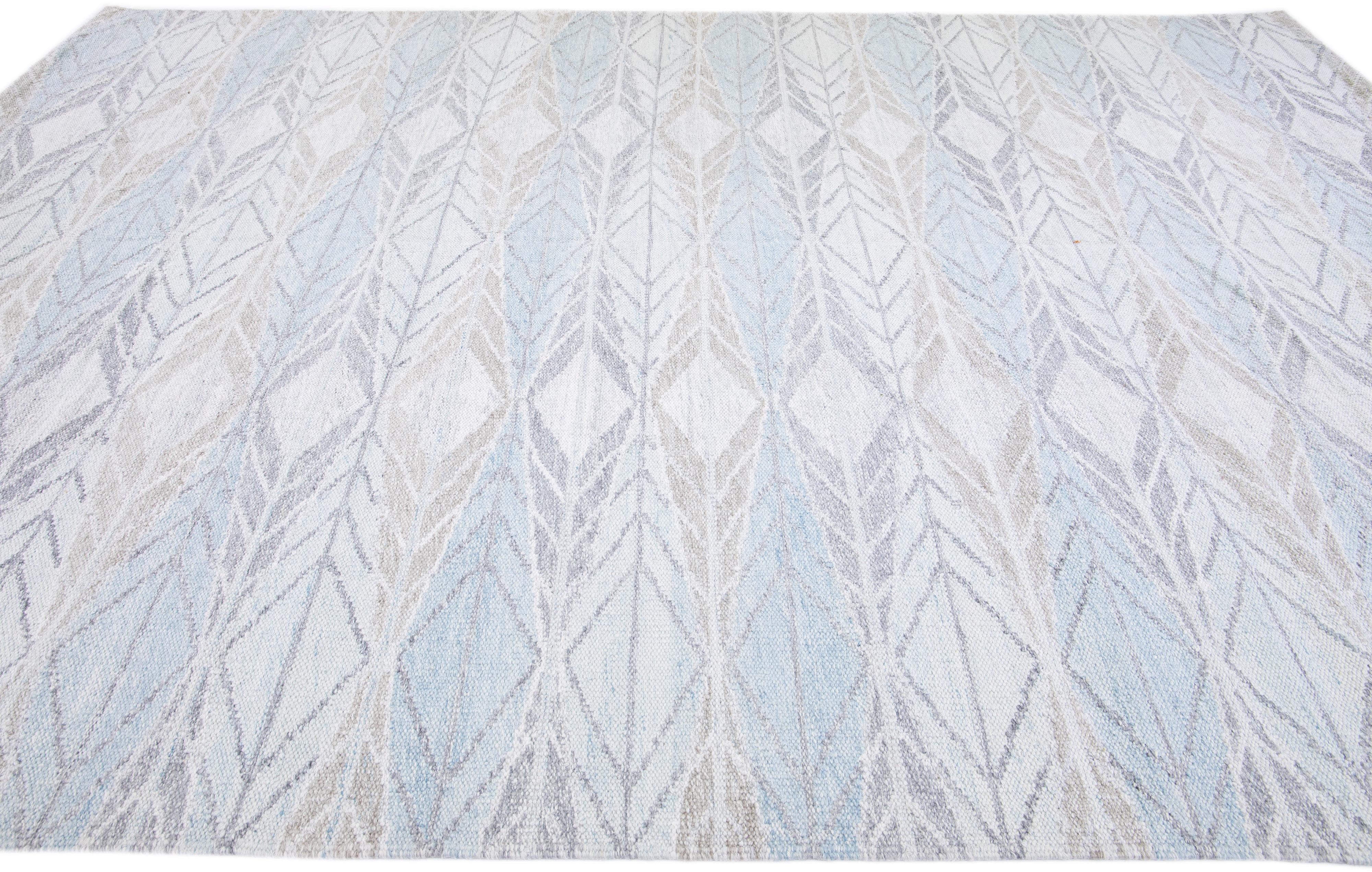 Contemporary Modern Swedish Style Handmade Geometric Designed Blue Wool Rug For Sale