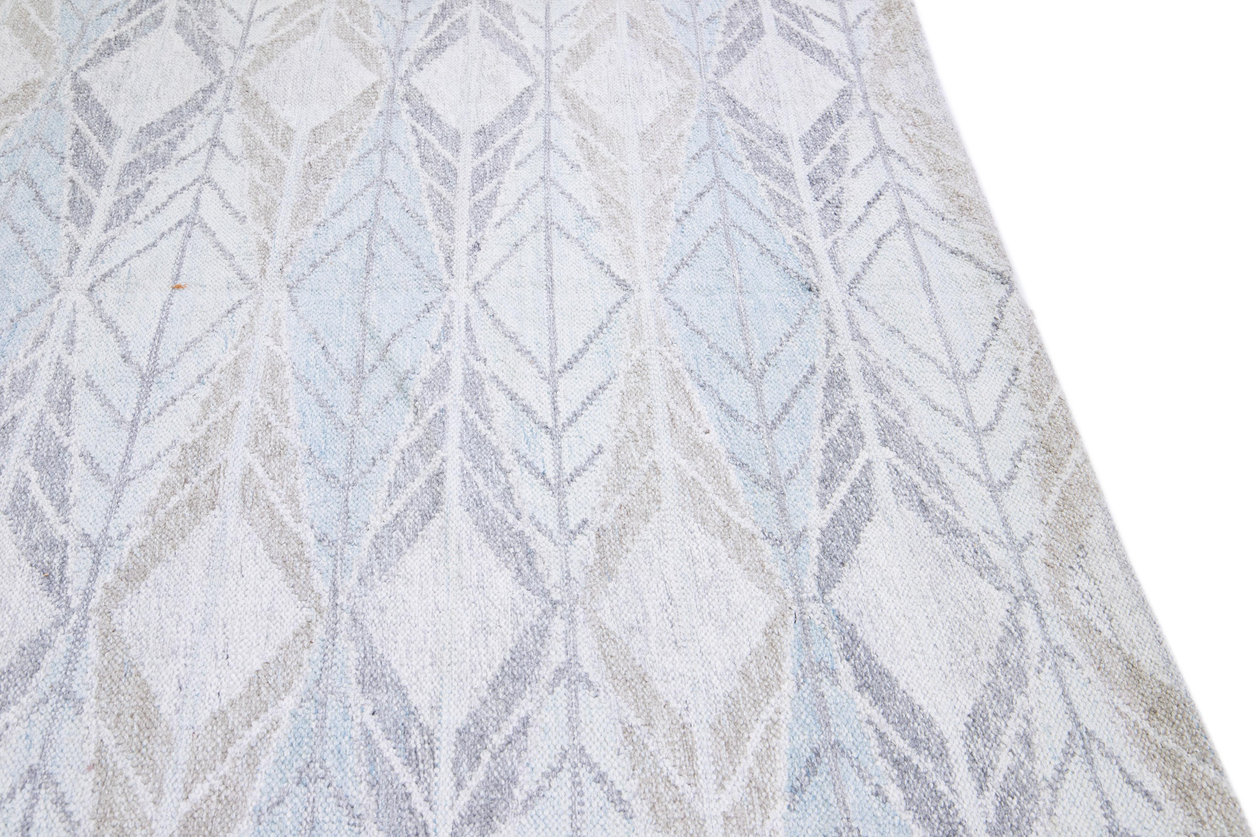 Modern Swedish Style Handmade Geometric Designed Blue Wool Rug For Sale 1