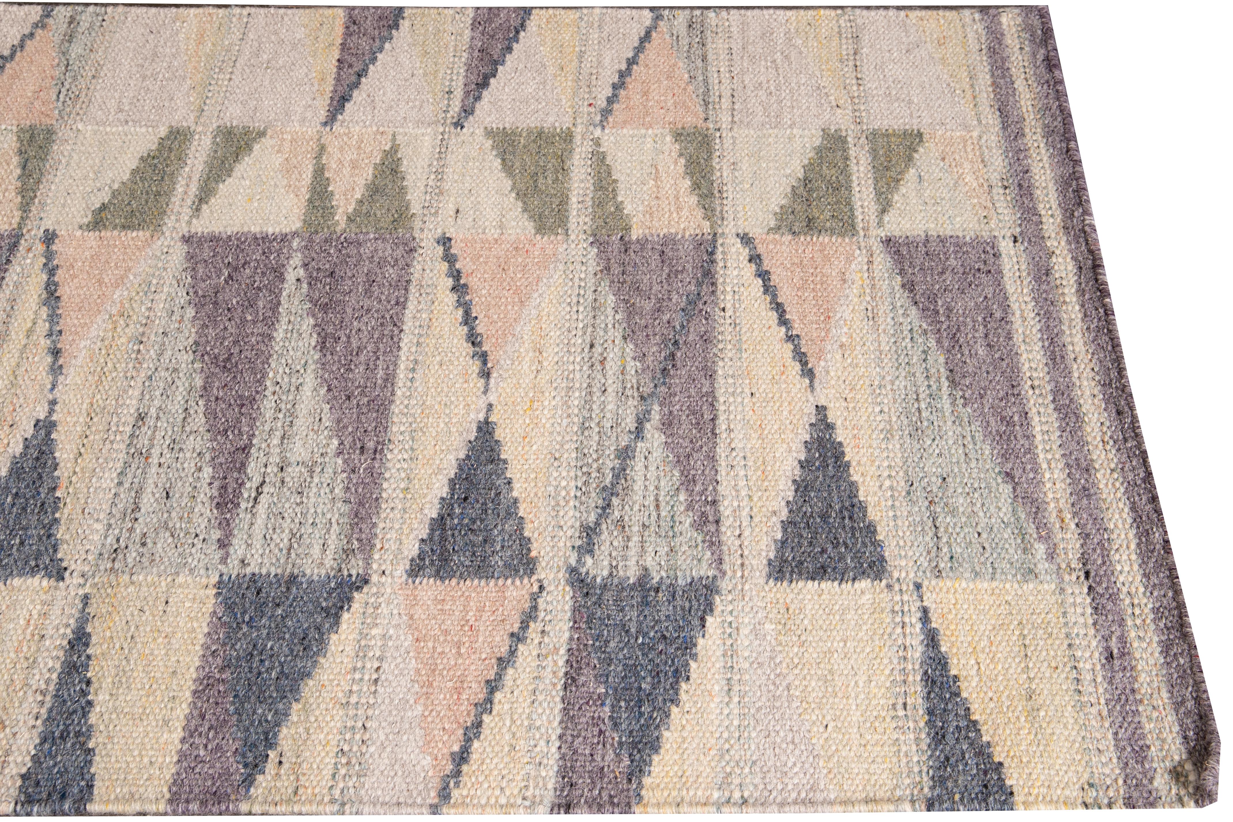 Hand-Woven Modern Swedish Style Handmade Geometric Long Multicolor Wool Runner For Sale