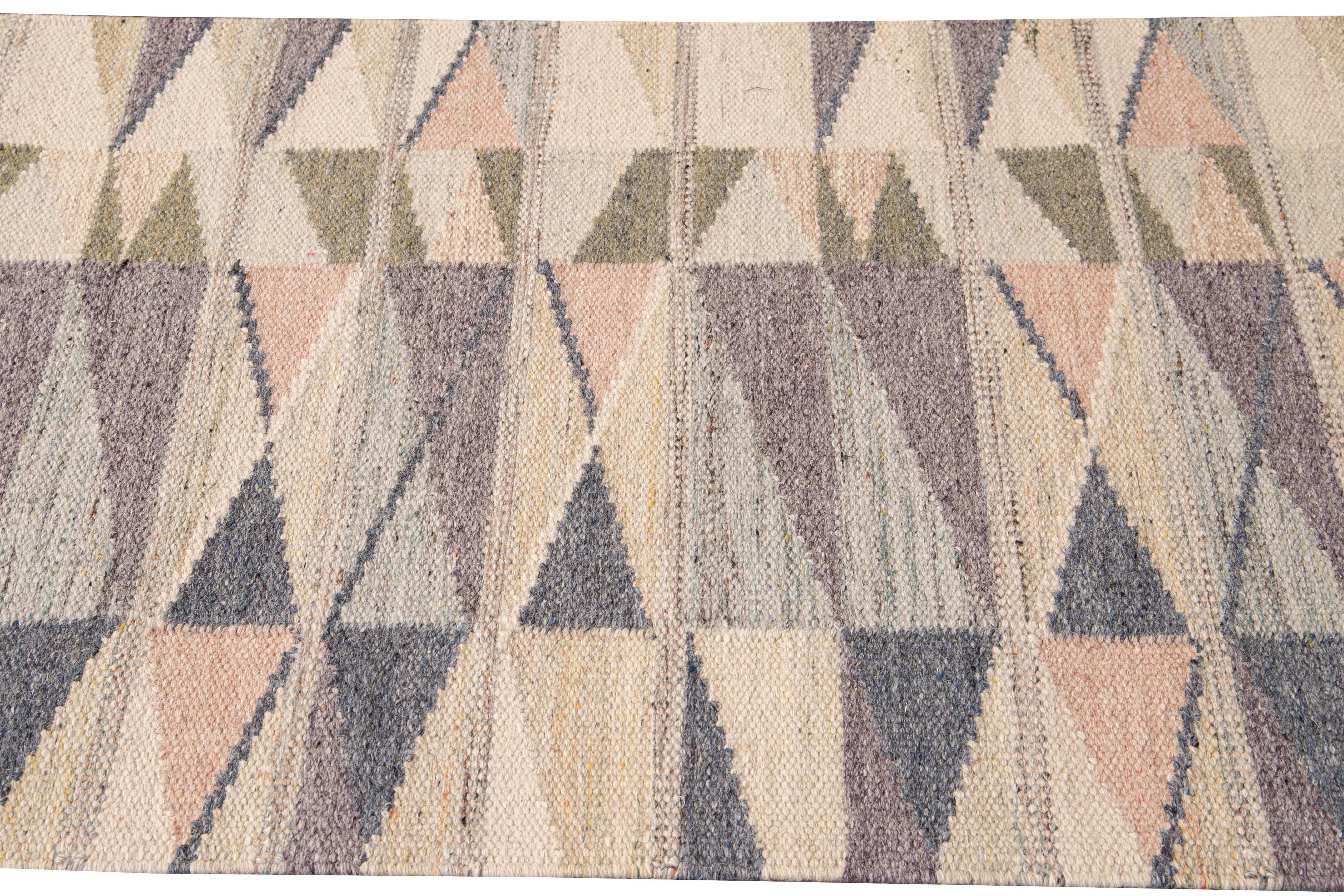 Contemporary Modern Swedish Style Handmade Geometric Long Multicolor Wool Runner For Sale