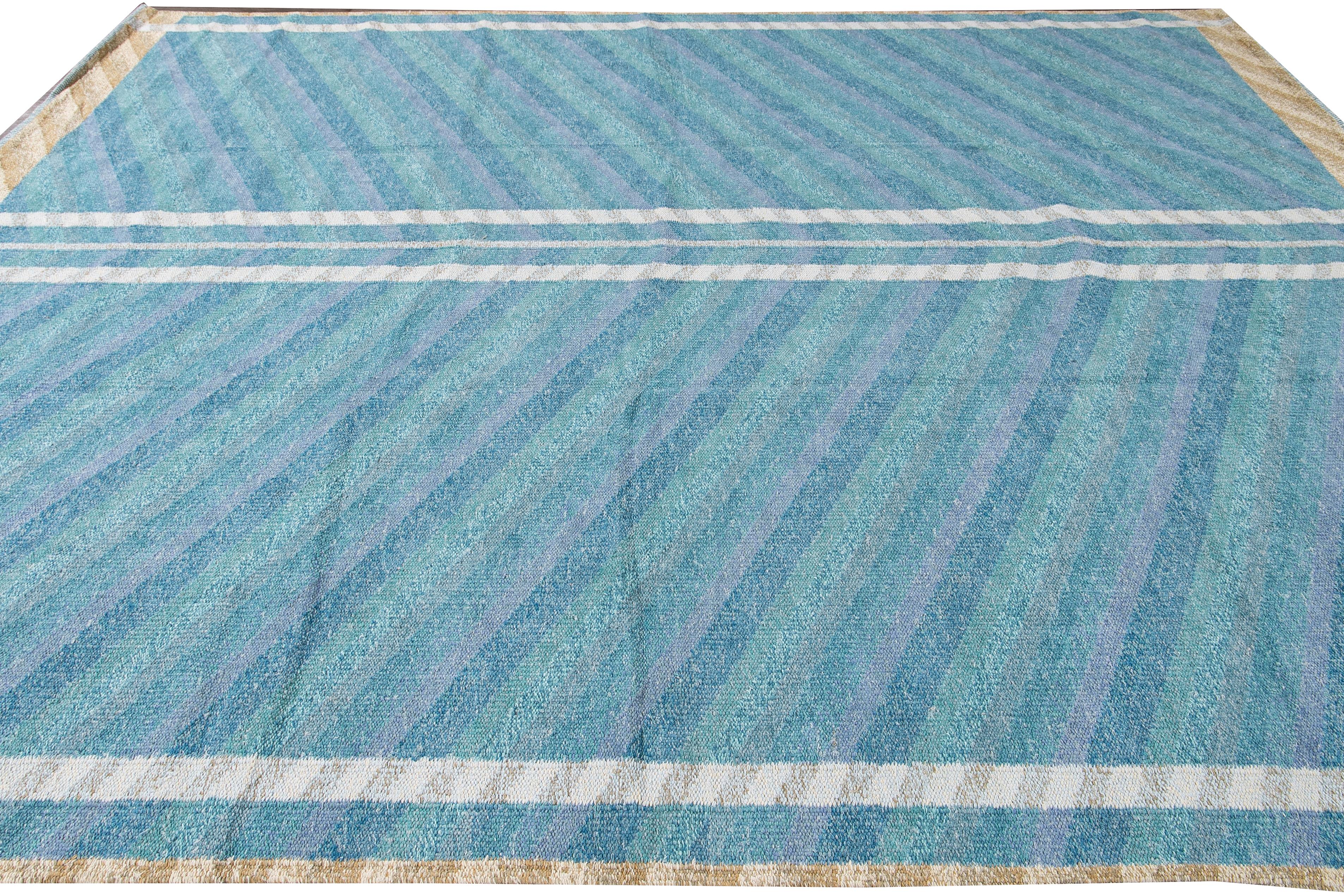 Modern Swedish Style Handmade Geometric Oversize Blue Wool Rug In New Condition For Sale In Norwalk, CT