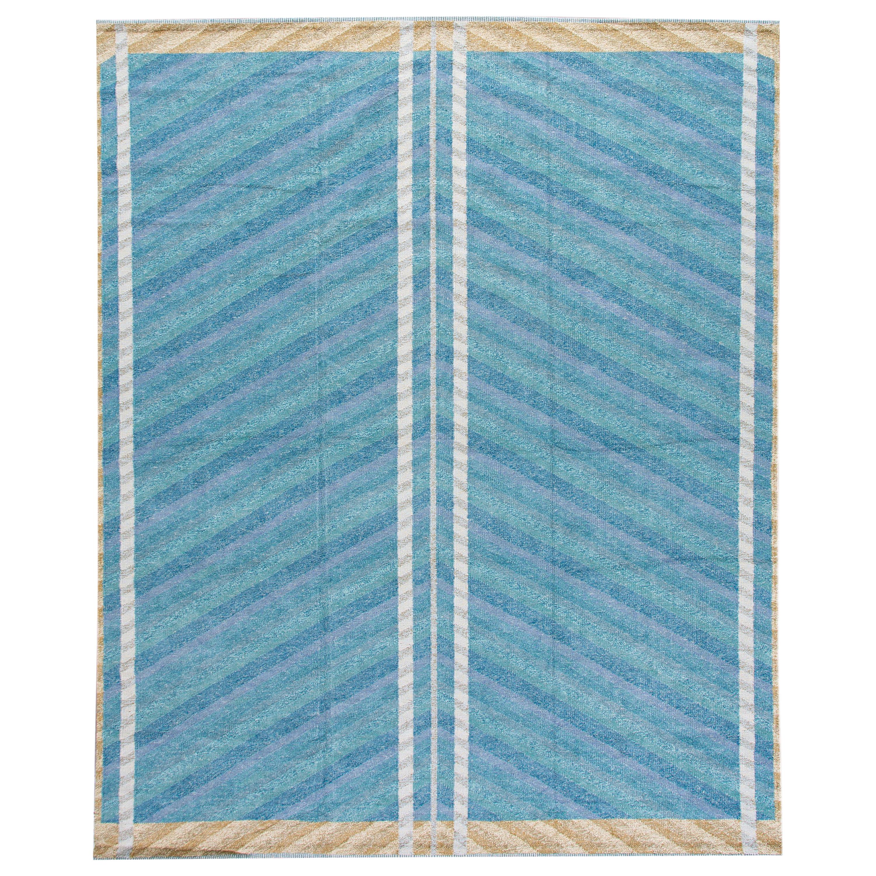 Modern Swedish Style Handmade Geometric Oversize Blue Wool Rug For Sale