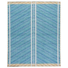 Tappeto in lana blu oversize geometrico fatto a mano in stile svedese moderno