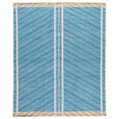 Tapis en laine bleue de style suédois moderne et géométrique fait à la main, surdimensionné