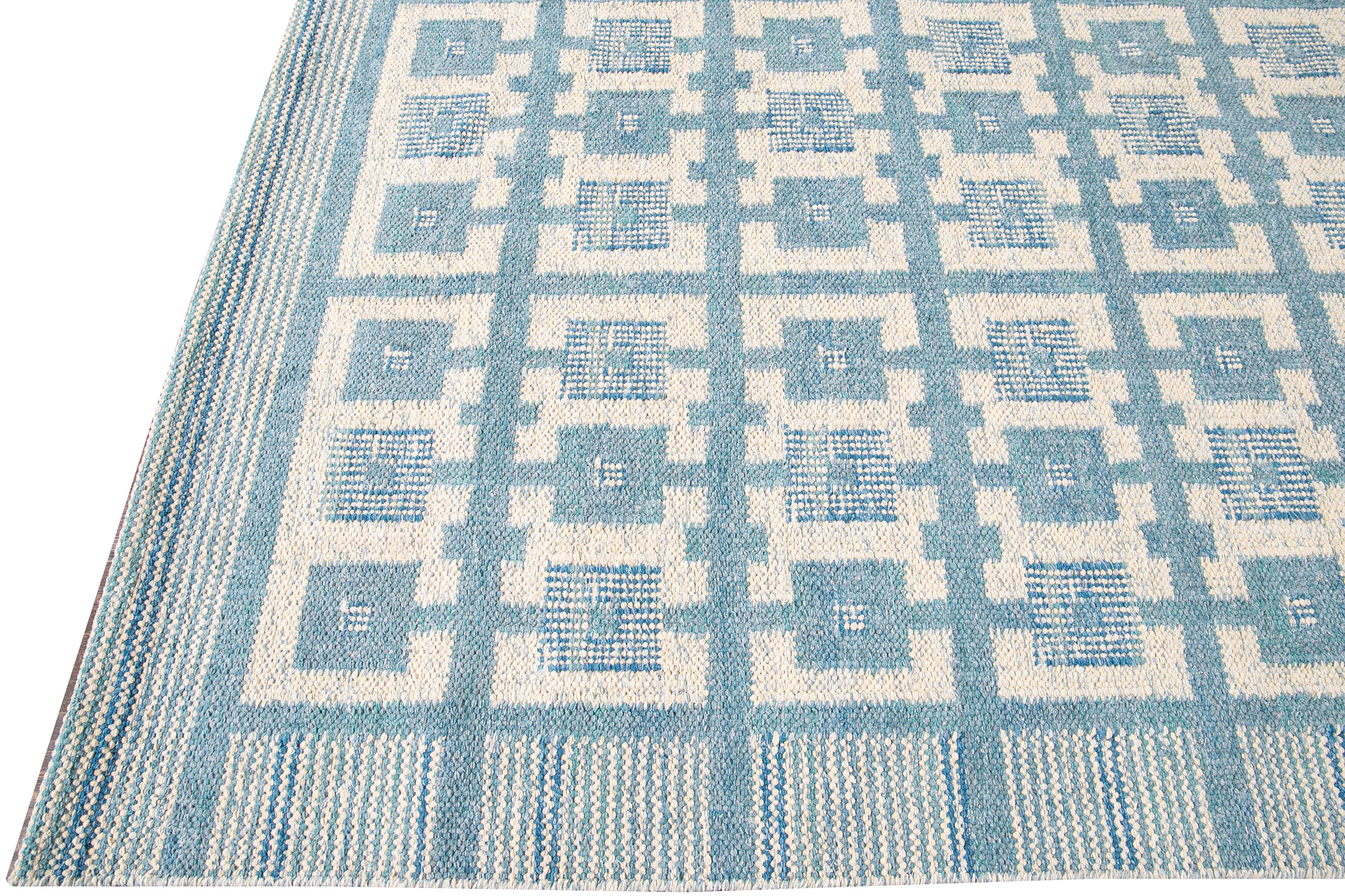 Indian Modern Swedish Style Handmade Geometric Pattern Blue and Ivory Wool Rug For Sale