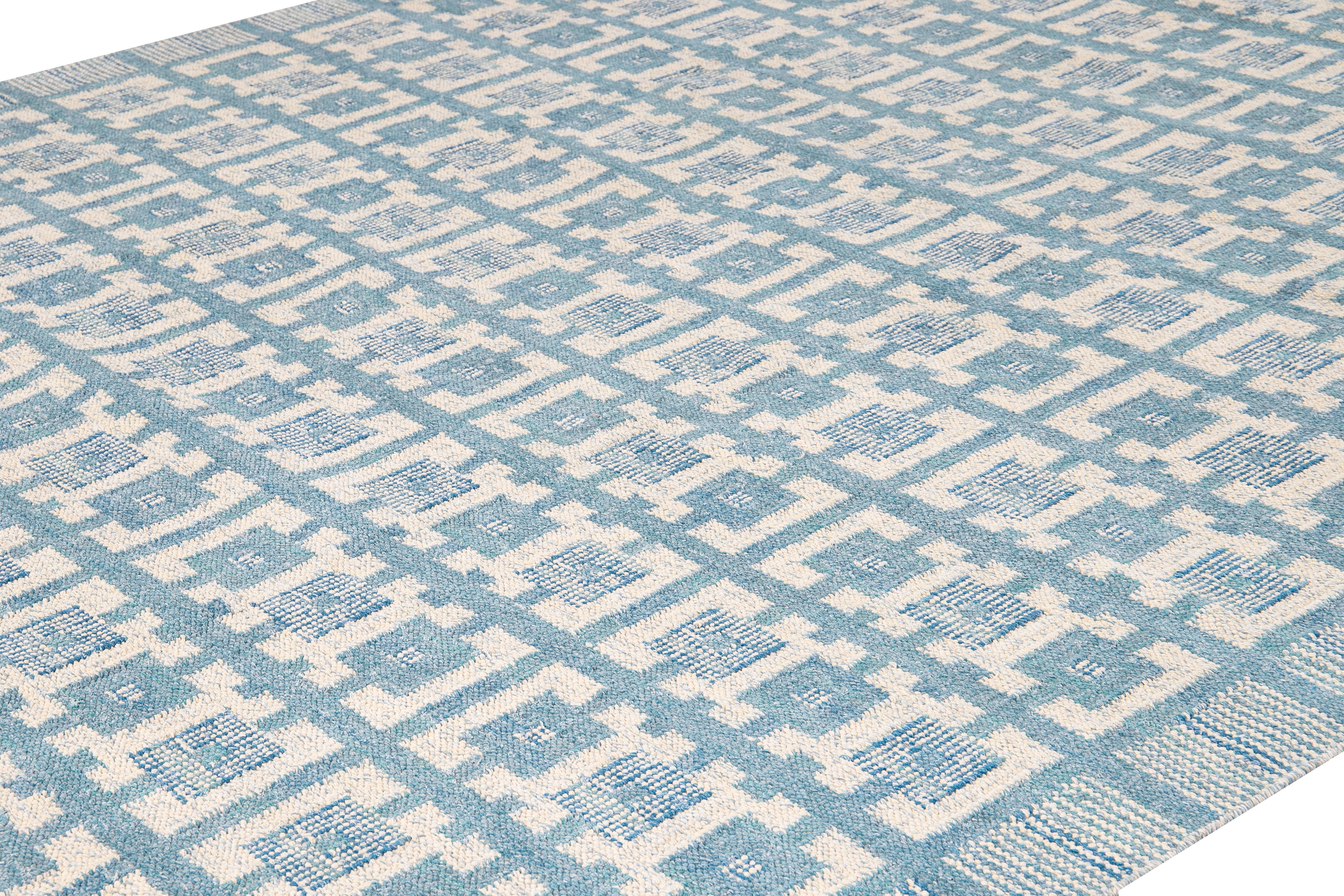 Hand-Knotted Modern Swedish Style Handmade Geometric Pattern Blue and Ivory Wool Rug For Sale