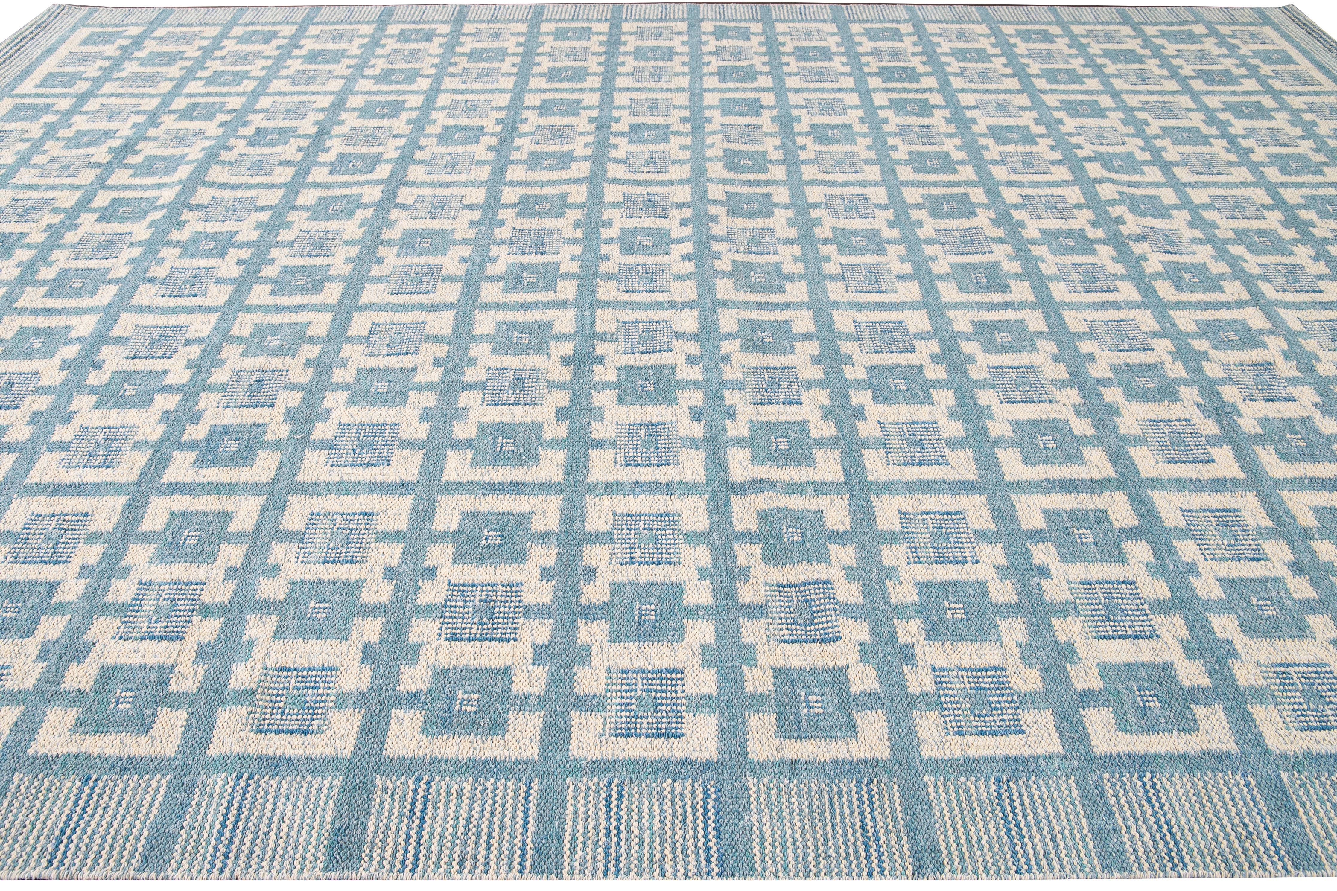 Modern Swedish Style Handmade Geometric Pattern Blue and Ivory Wool Rug In New Condition For Sale In Norwalk, CT